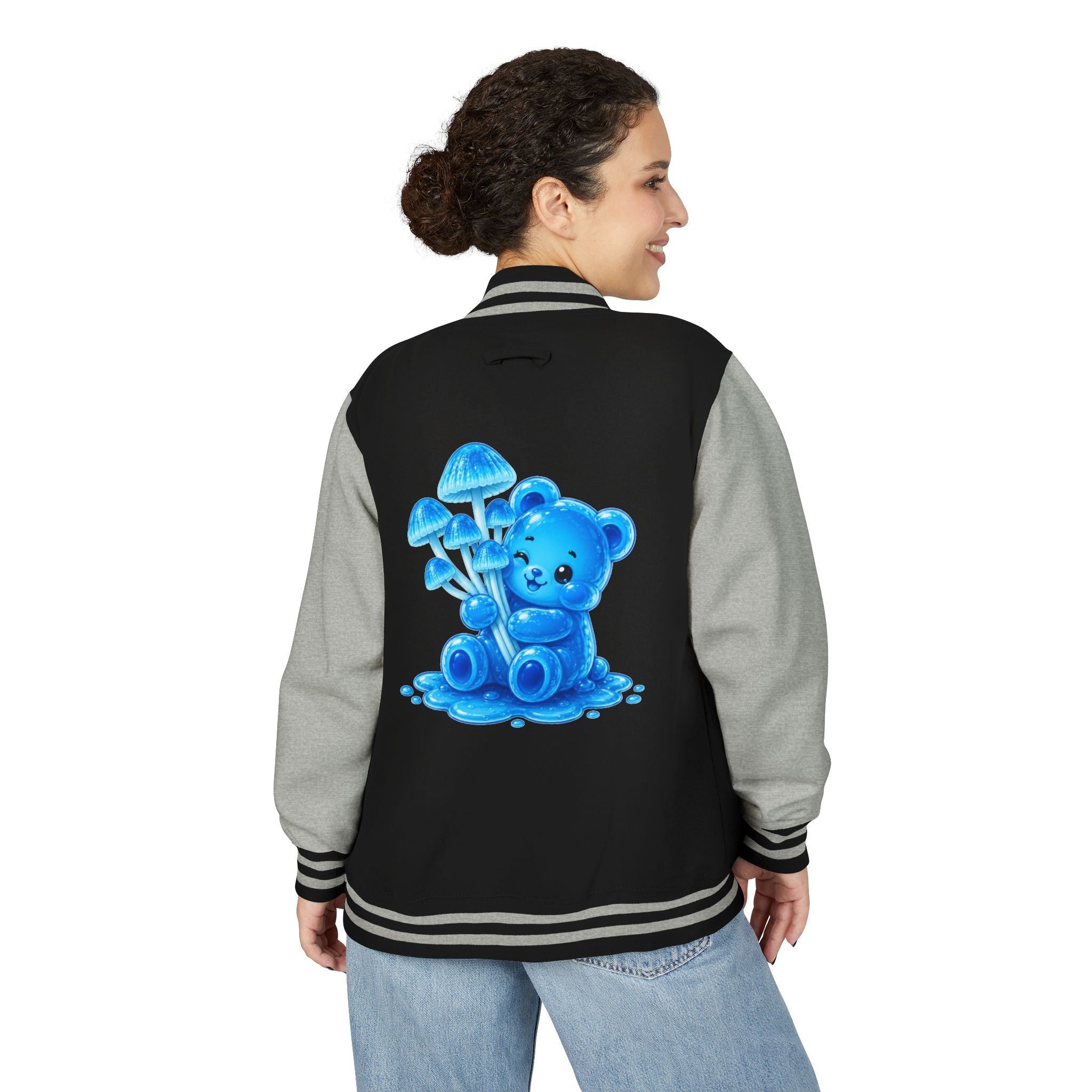 Pretty Blue Mushrooms, Gooey Gummy Bear Friend — Kawaii Graphic Varsity Jacket