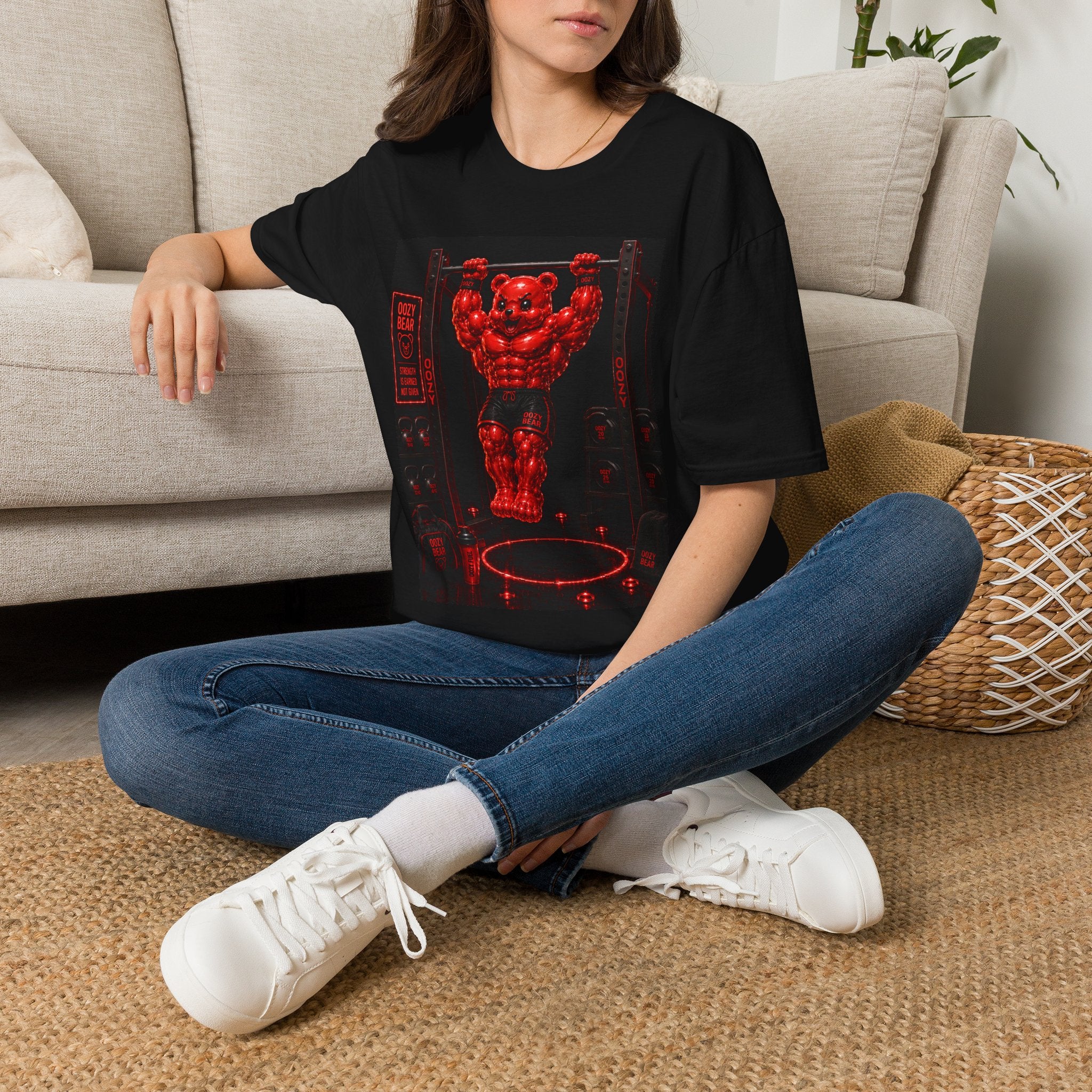 Bar Lifting Fitness Workout, Crimson Oozy Buff Bear Gummy Gym Addition- Adult Graphic Shirt