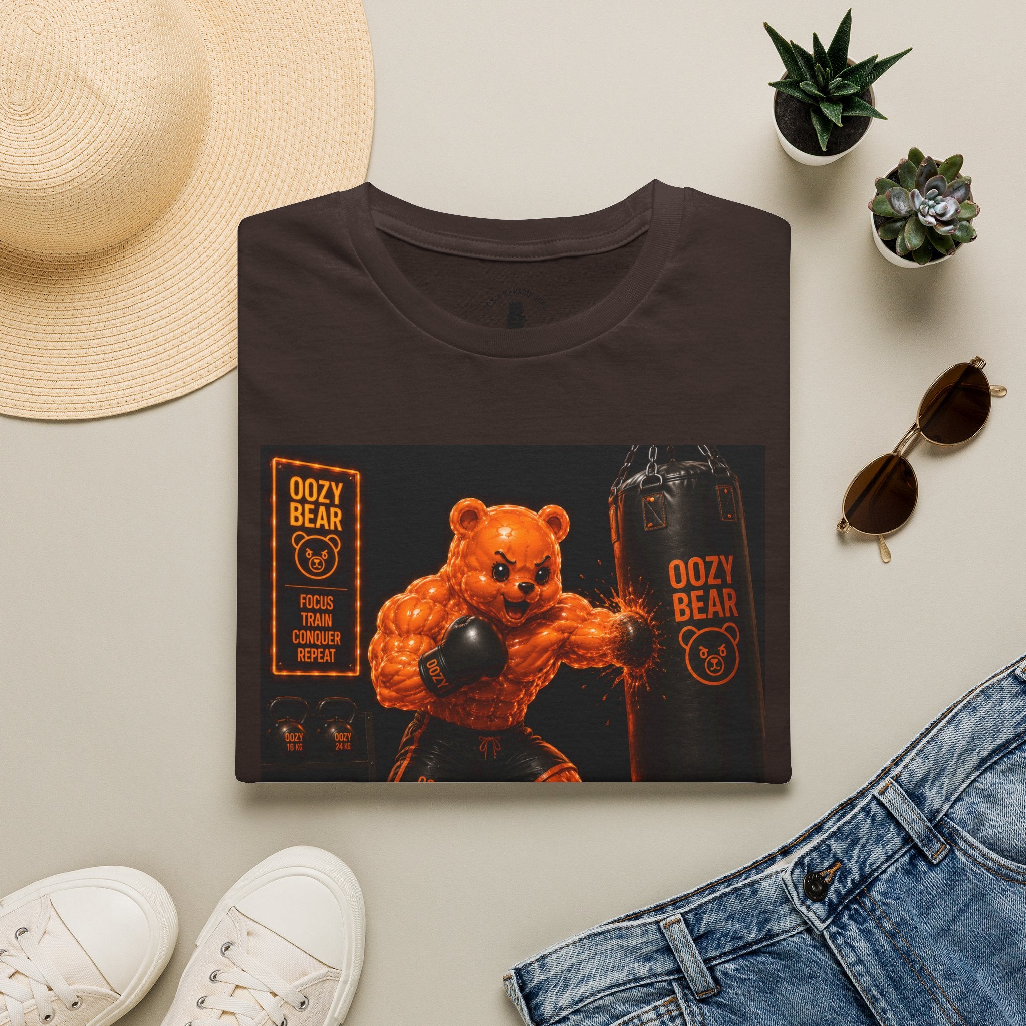 Retro Fighting Ring Workout, Orange Oozy Buff Bear Gummy Gym Addition- Adult Graphic Shirt
