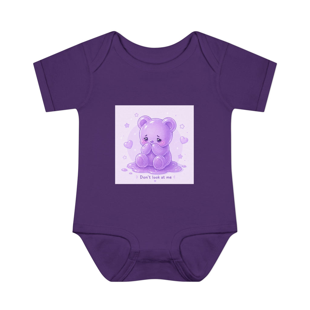 Purple Gooey Gummy Shy bear Baby Bodysuit - "Don't Look at Me" Cute Infant Onesie