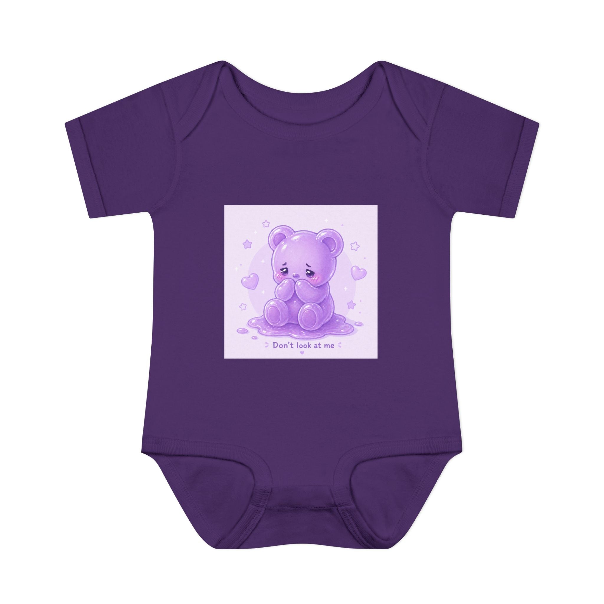 Purple Gooey Gummy Shy bear Baby Bodysuit - "Don't Look at Me" Cute Infant Onesie
