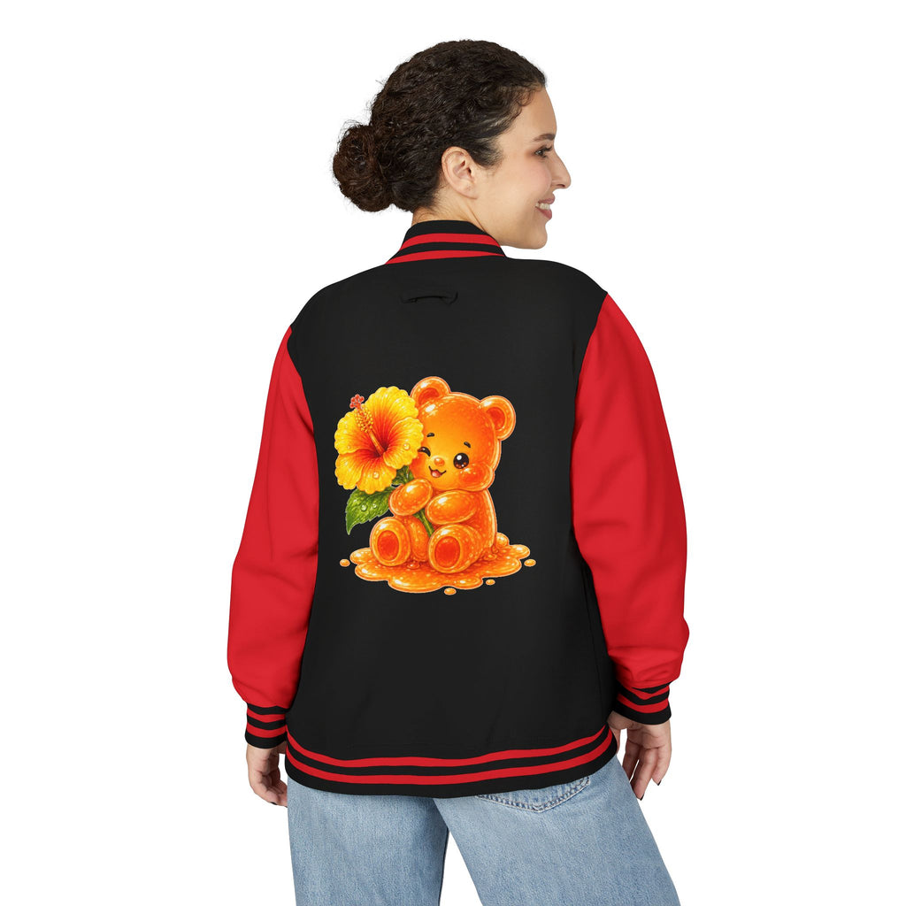 Golden Hibiscus, Yellow Gooey Gummy Bear Friend- Kawaii Varsity Jacket