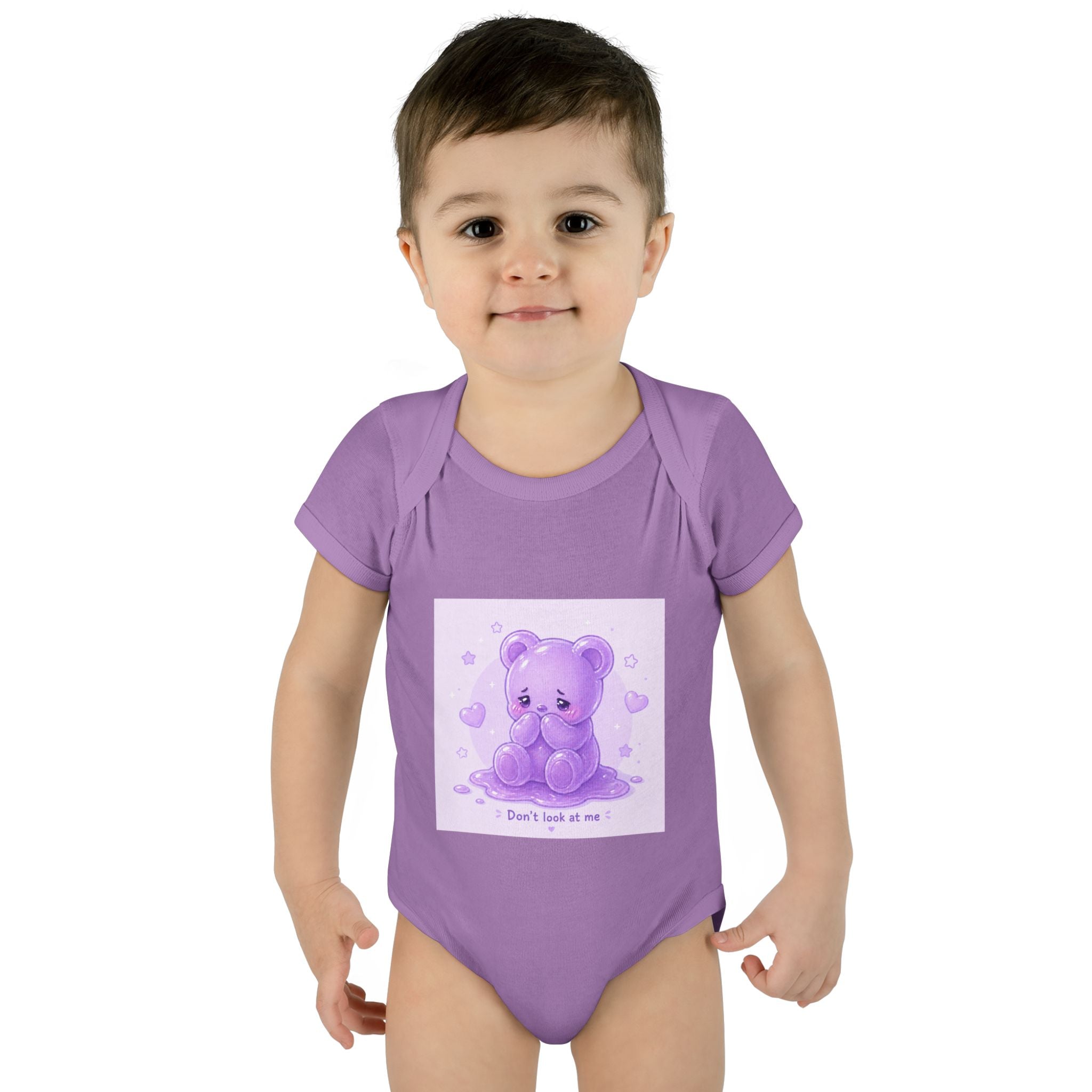 Purple Gooey Gummy Shy bear Baby Bodysuit - "Don't Look at Me" Cute Infant Onesie
