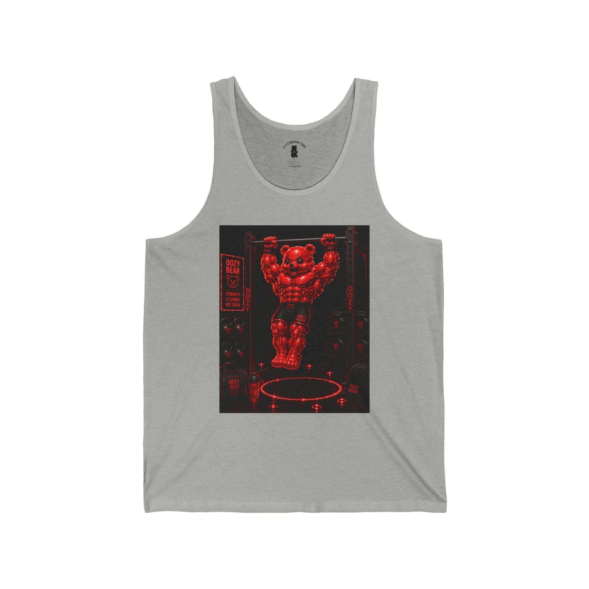 Bar lifting Workout, Crimson Oozy Buff Bear Gummy Gym Addition- Adult Graphic Tank Top