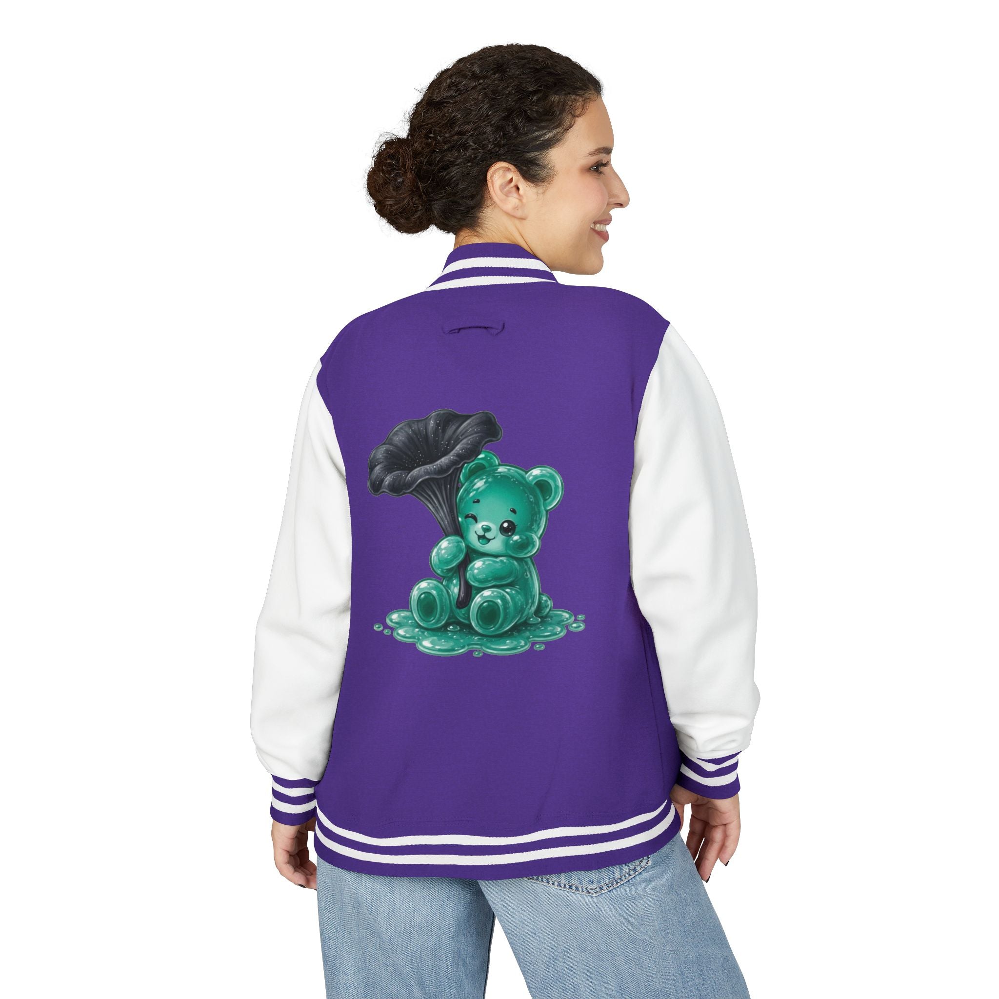 Black Trumpet Mushroom, Teal Oozy Bear Gummy Friend- Letterman Graphic Jacket