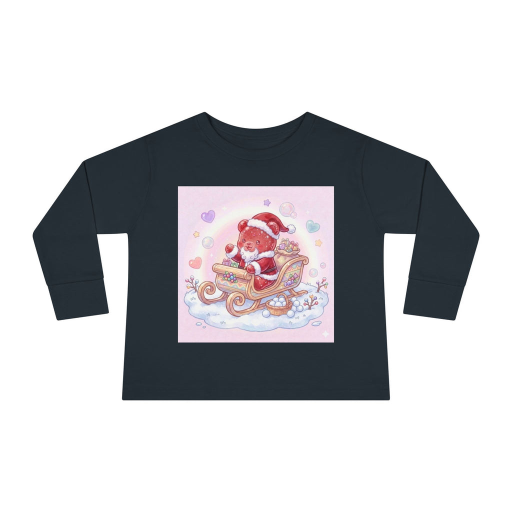 Cute Santa Oozy Bear in Sleigh Christmas- Graphic Long Sleeve Shirt