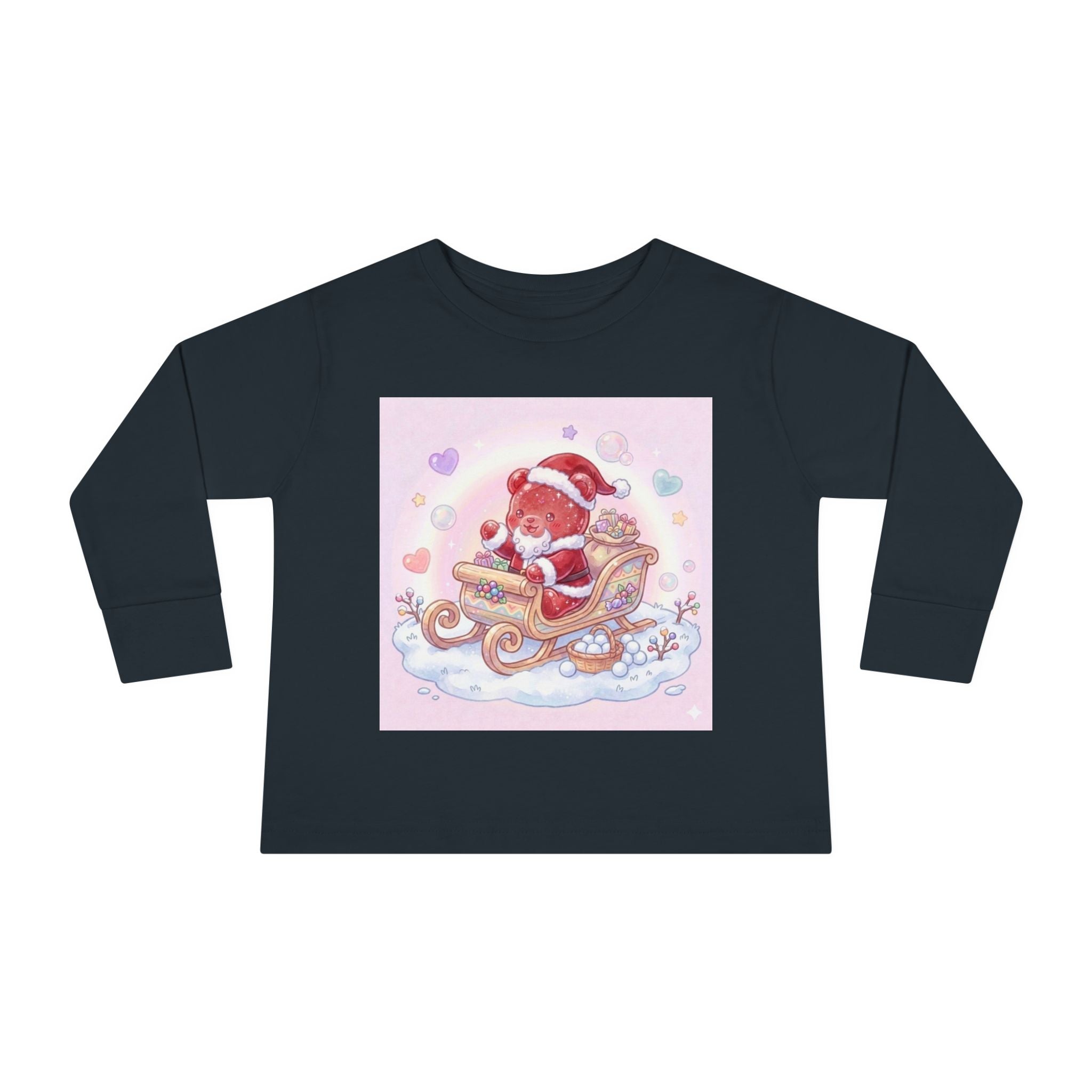 Cute Santa Oozy Bear in Sleigh Christmas- Graphic Long Sleeve Shirt