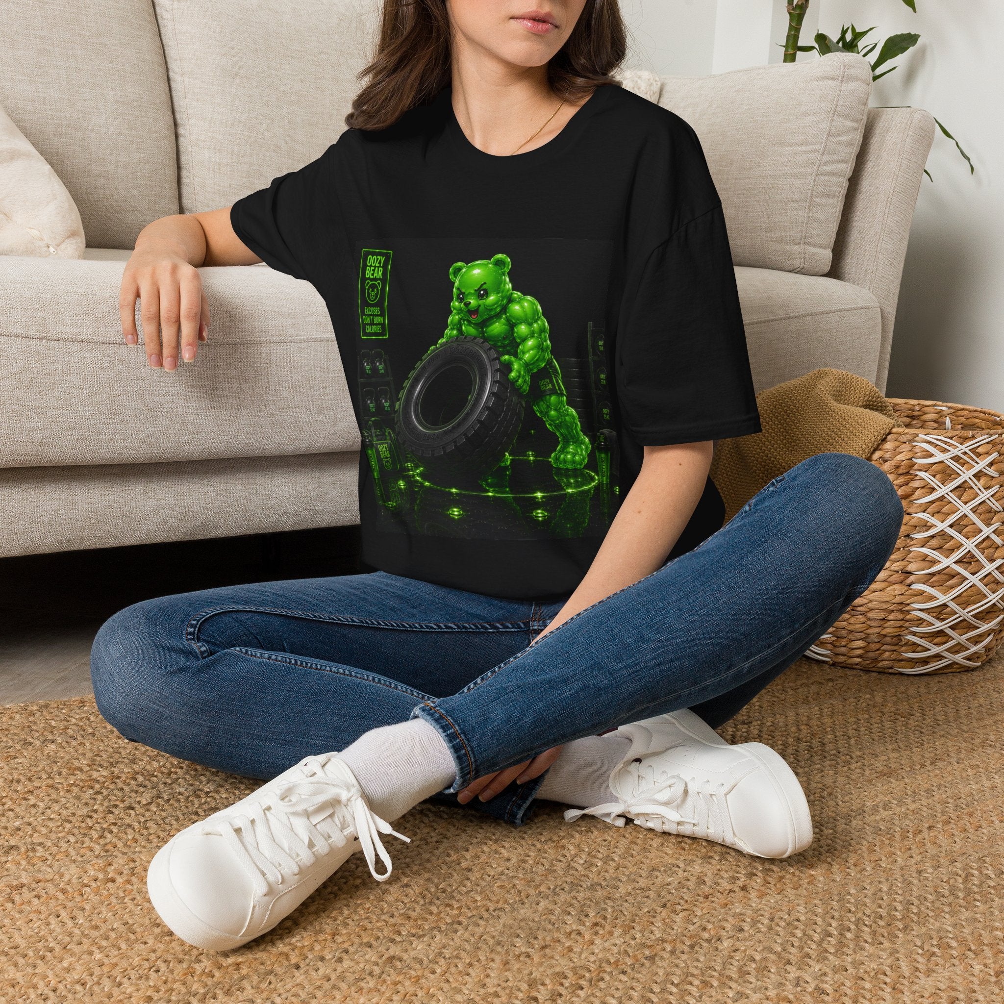 Tire Flipping Work Out, Emerald Oozy Buff Bear Gym Addition- Adult Graphic Shirt