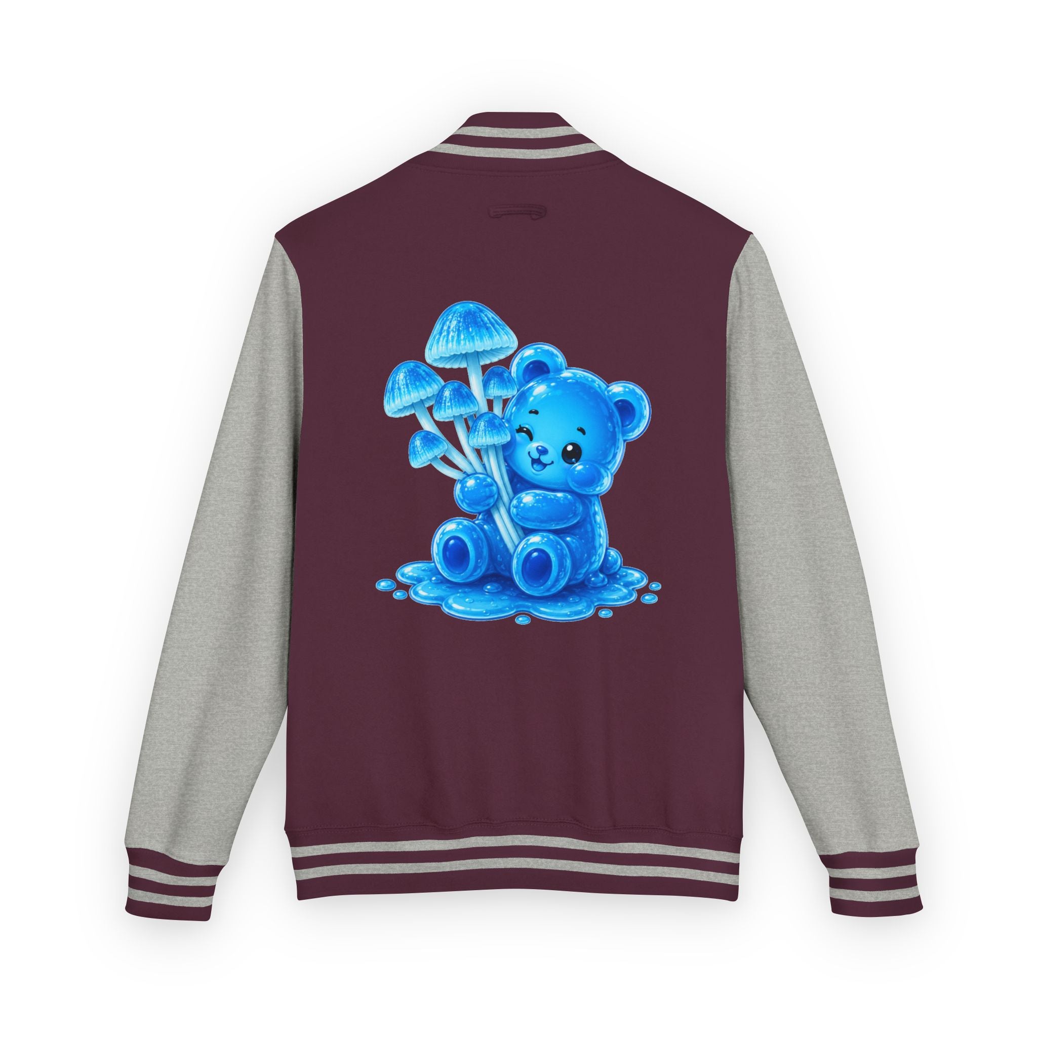 Pretty Blue Mushrooms, Gooey Gummy Bear Friend — Kawaii Graphic Varsity Jacket