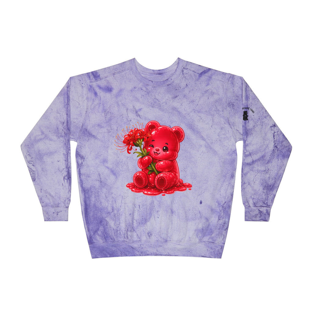 Beautiful Red Spider Lily Bloom, Oozy Bear Gummy Friend- Graphic Tie-Dye Sweater