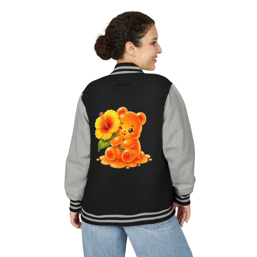 Golden Hibiscus, Yellow Gooey Gummy Bear Friend- Kawaii Varsity Jacket