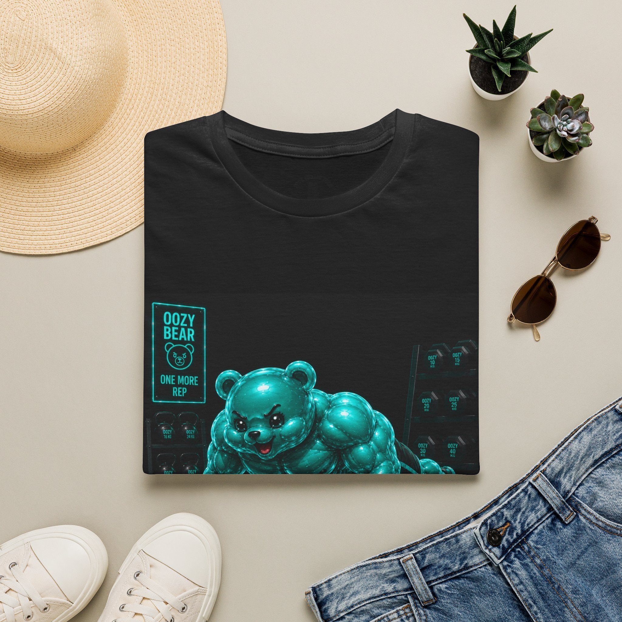 Neon Fitness Push Ups, Teal Oozy Buff Bear Gummy Gym Addition- Adult Graphic Shirt