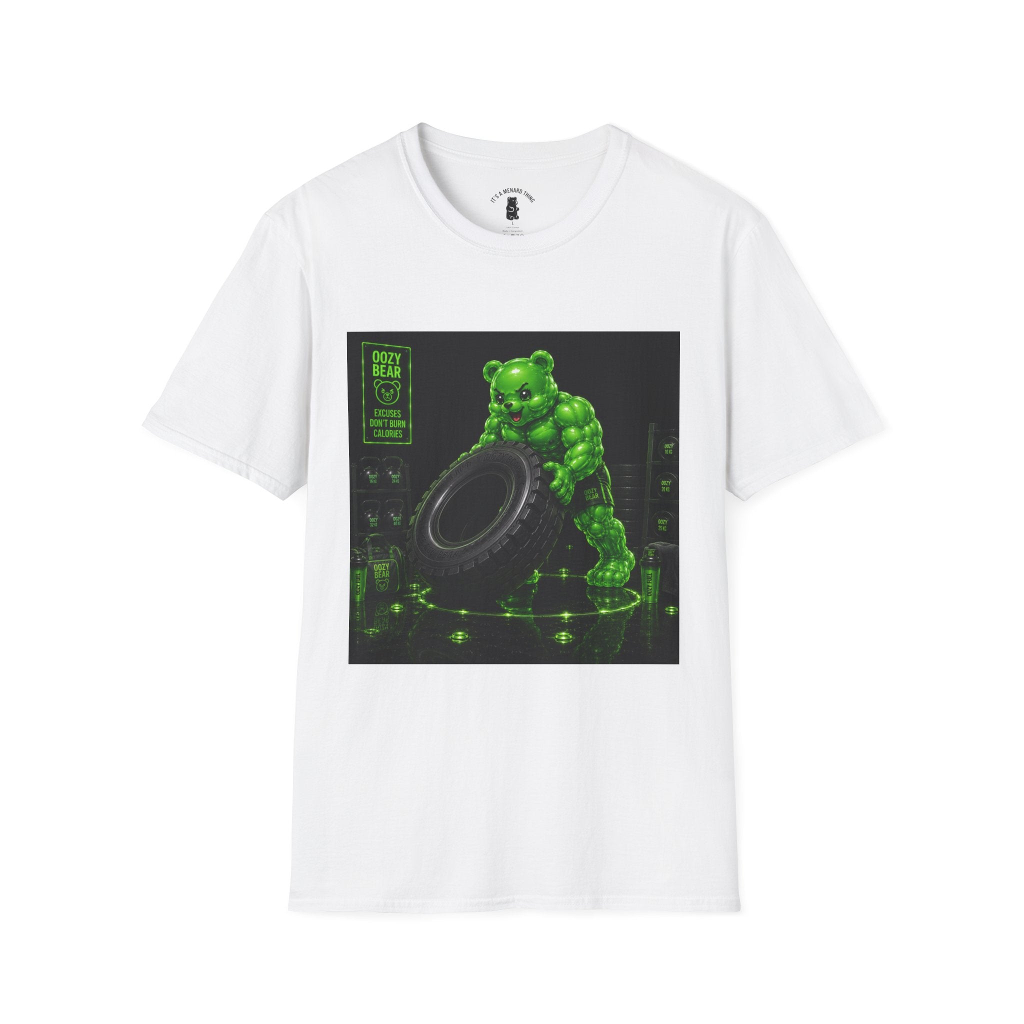 Tire Flipping Work Out, Emerald Oozy Buff Bear Gym Addition- Adult Graphic Shirt