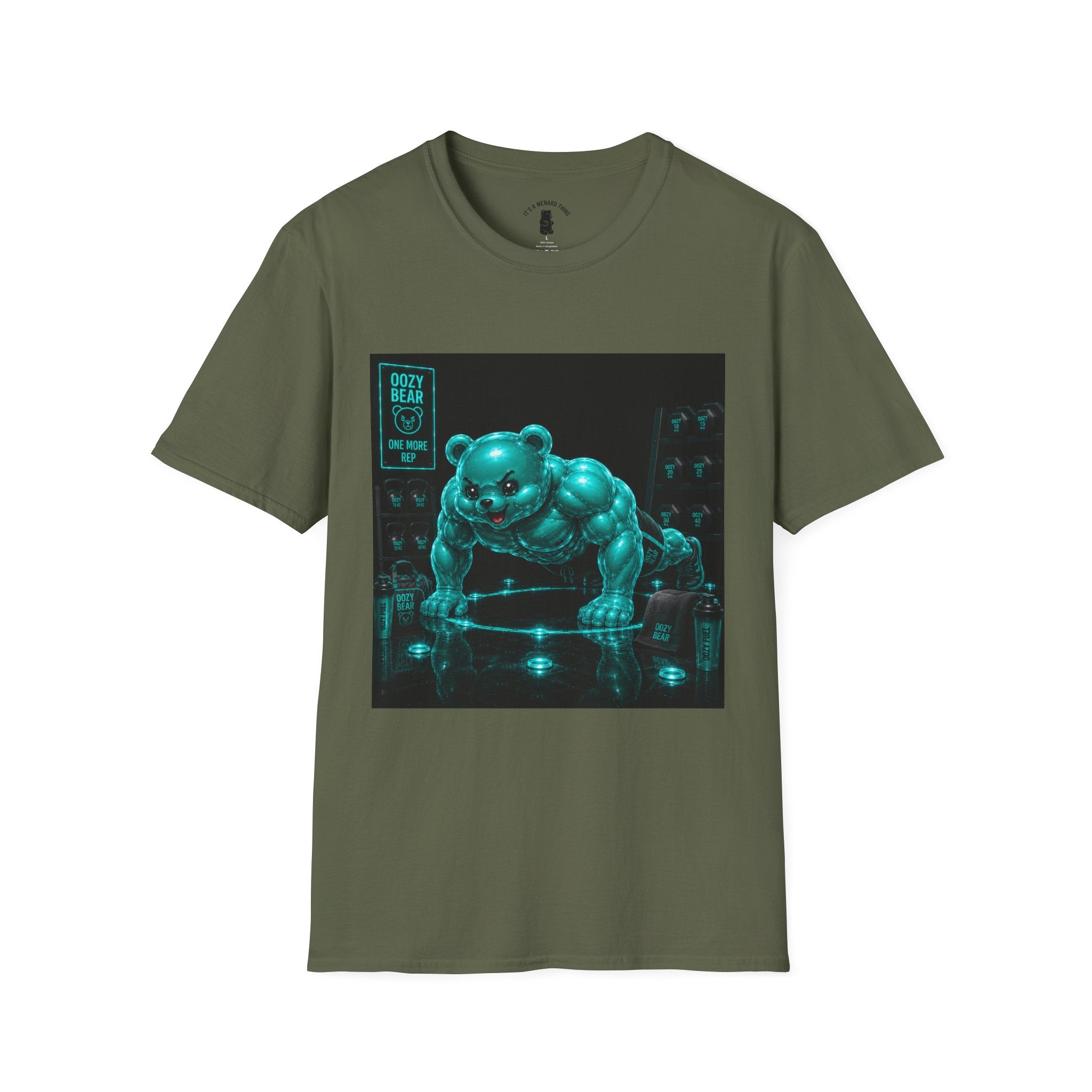 Neon Fitness Push Ups, Teal Oozy Buff Bear Gummy Gym Addition- Adult Graphic Shirt