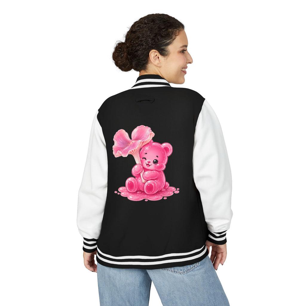 Pink Wax Cap Mushroom, Gooey Gummy Bear Friend — Kawaii Graphic Varsity Jacket