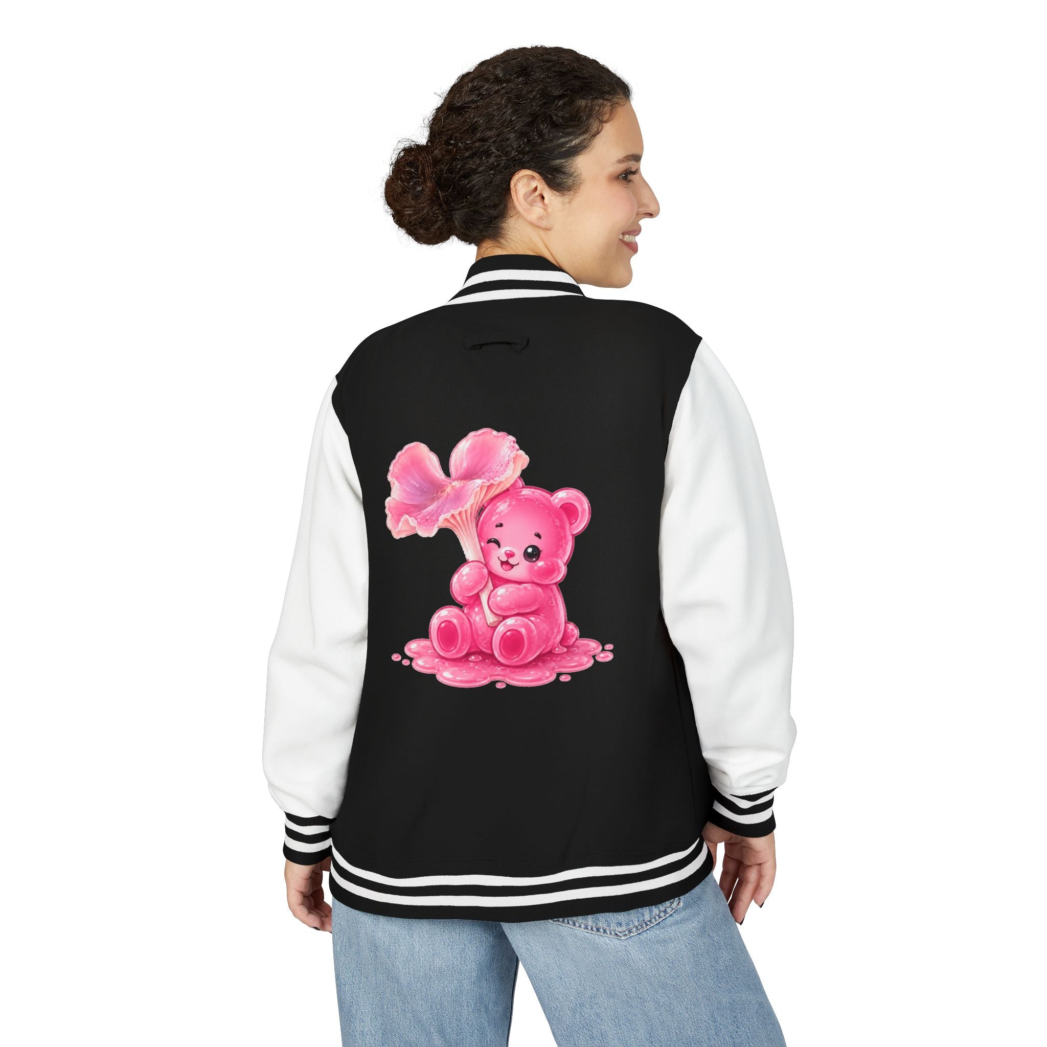 Pink Wax Cap Mushroom, Gooey Gummy Bear Friend — Kawaii Graphic Varsity Jacket