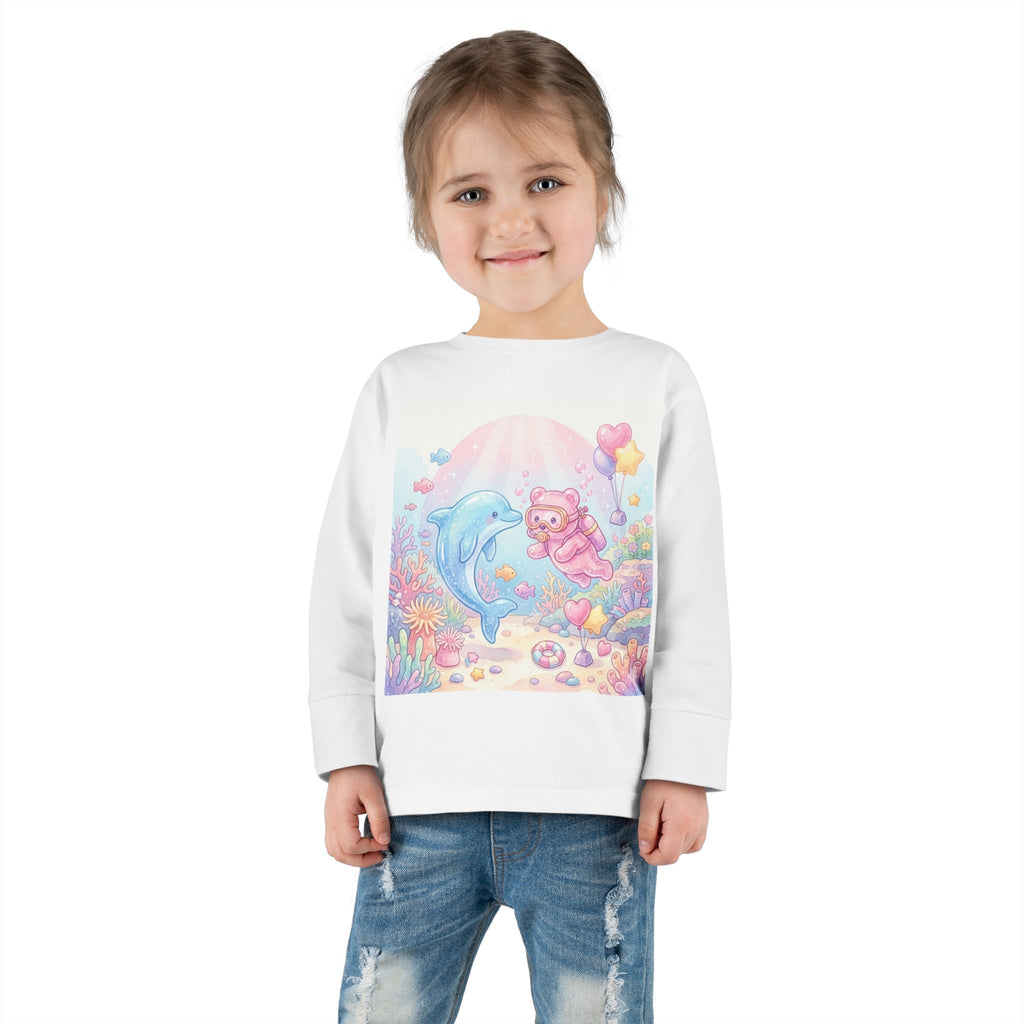 Cute Dolphin & Scuba Oozy Bear Pastel Underwater Friends- Graphic Long Sleeve Shirt
