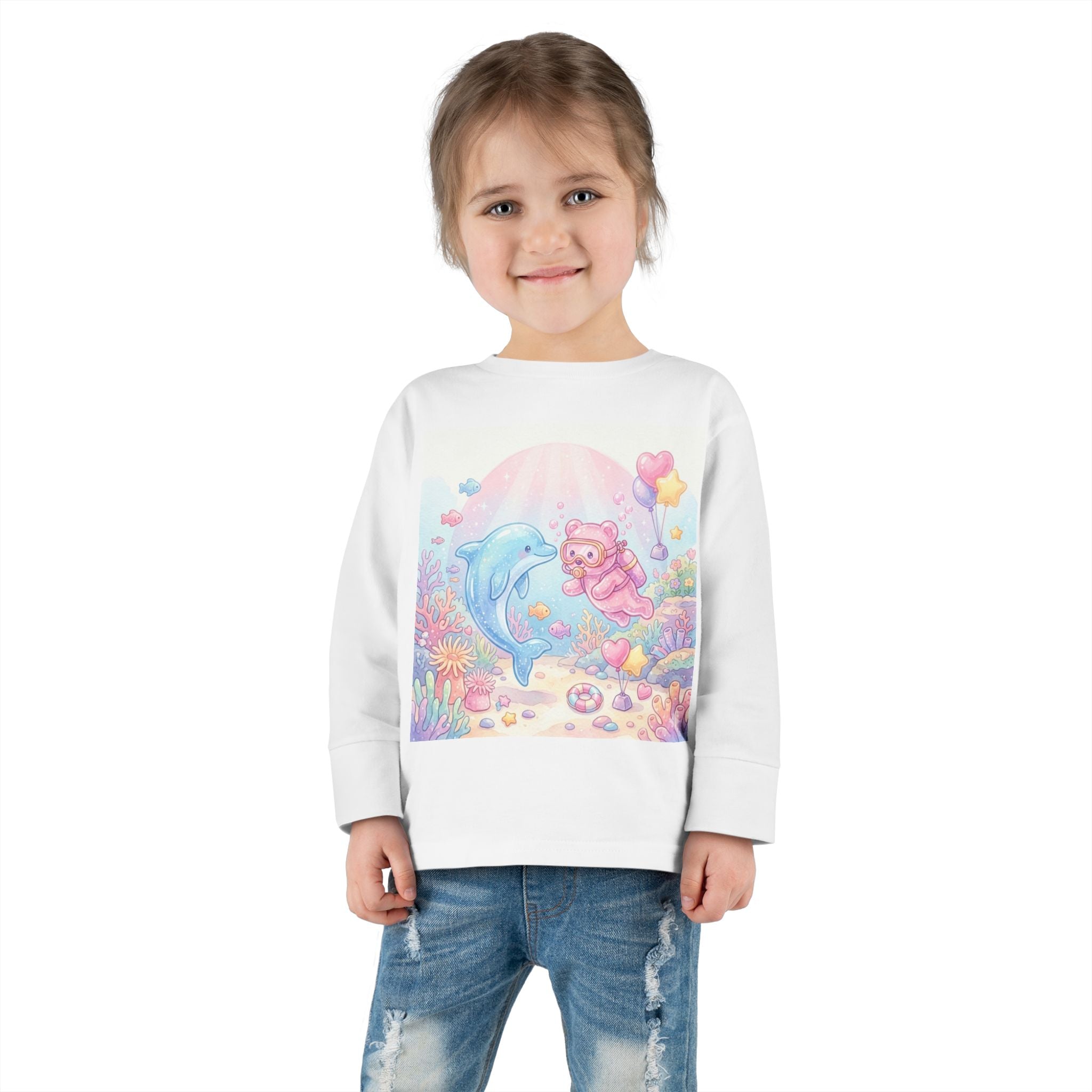 Cute Dolphin & Scuba Oozy Bear Pastel Underwater Friends- Graphic Long Sleeve Shirt
