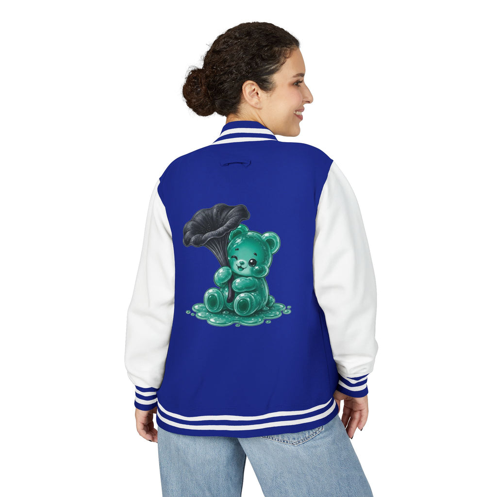 Black Trumpet Mushroom, Teal Oozy Bear Gummy Friend- Letterman Graphic Jacket