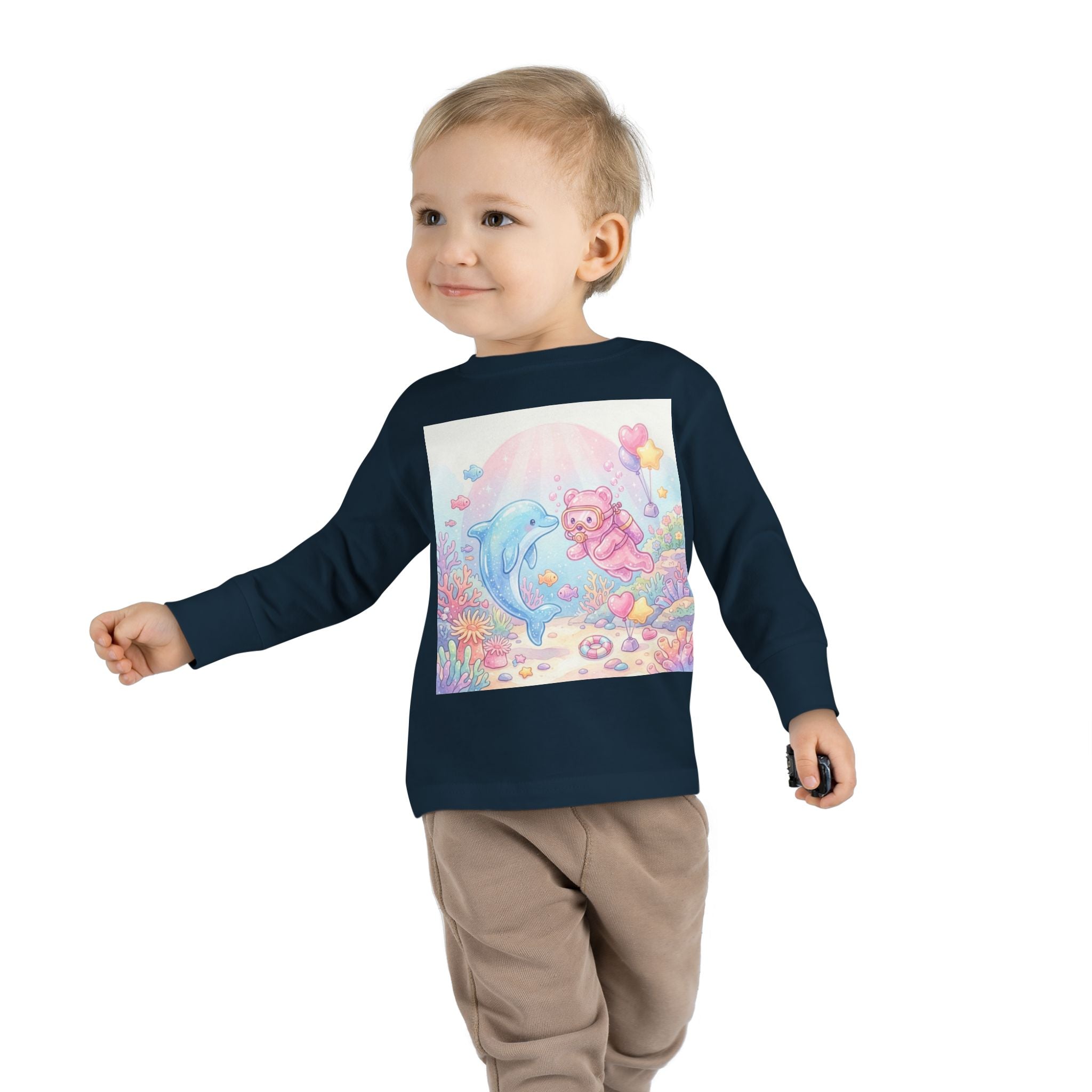 Cute Dolphin & Scuba Oozy Bear Pastel Underwater Friends- Graphic Long Sleeve Shirt
