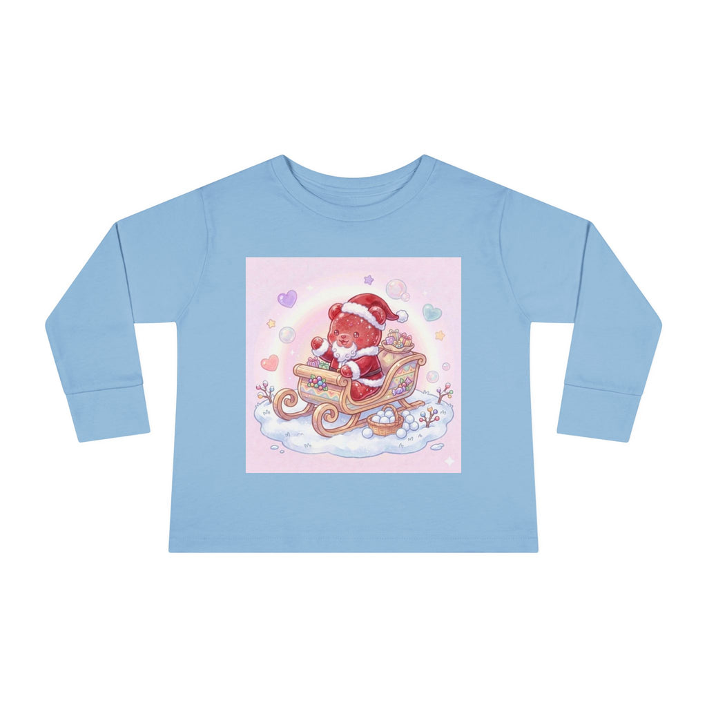 Cute Santa Oozy Bear in Sleigh Christmas- Graphic Long Sleeve Shirt