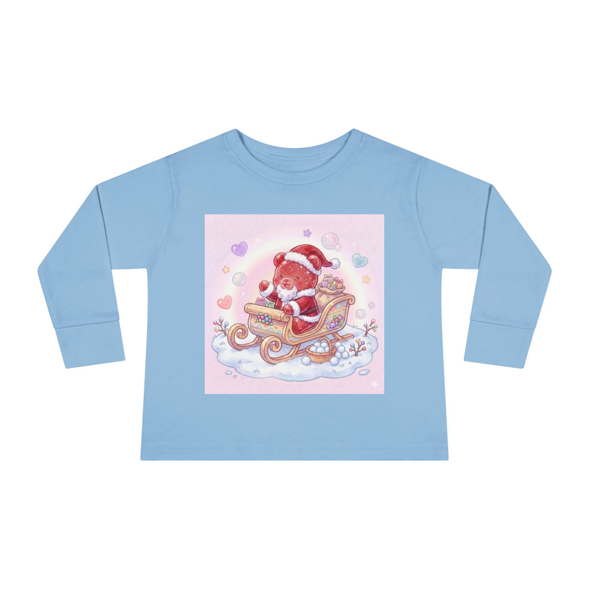 Cute Santa Oozy Bear in Sleigh Christmas- Graphic Long Sleeve Shirt