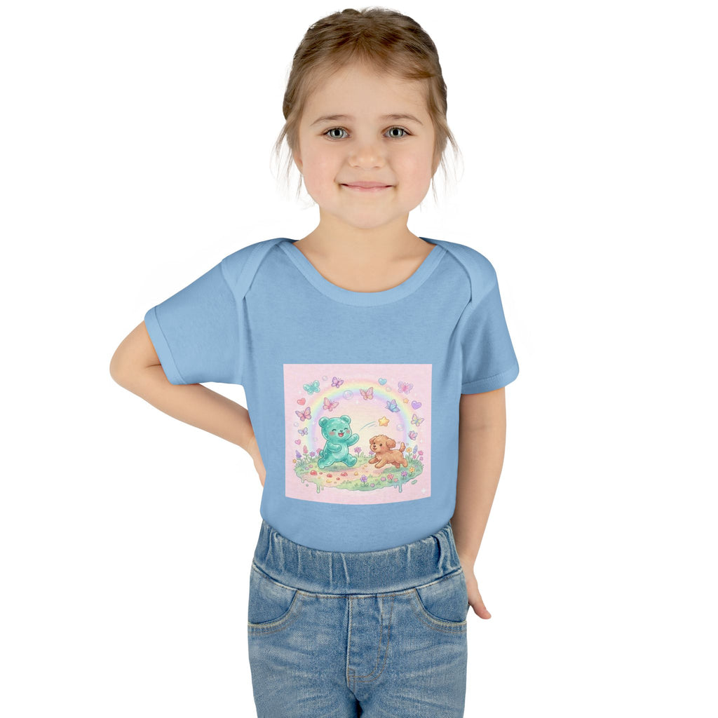 Gooey Gummy Playing Fetch with Puppy, Cute Infant Onesie