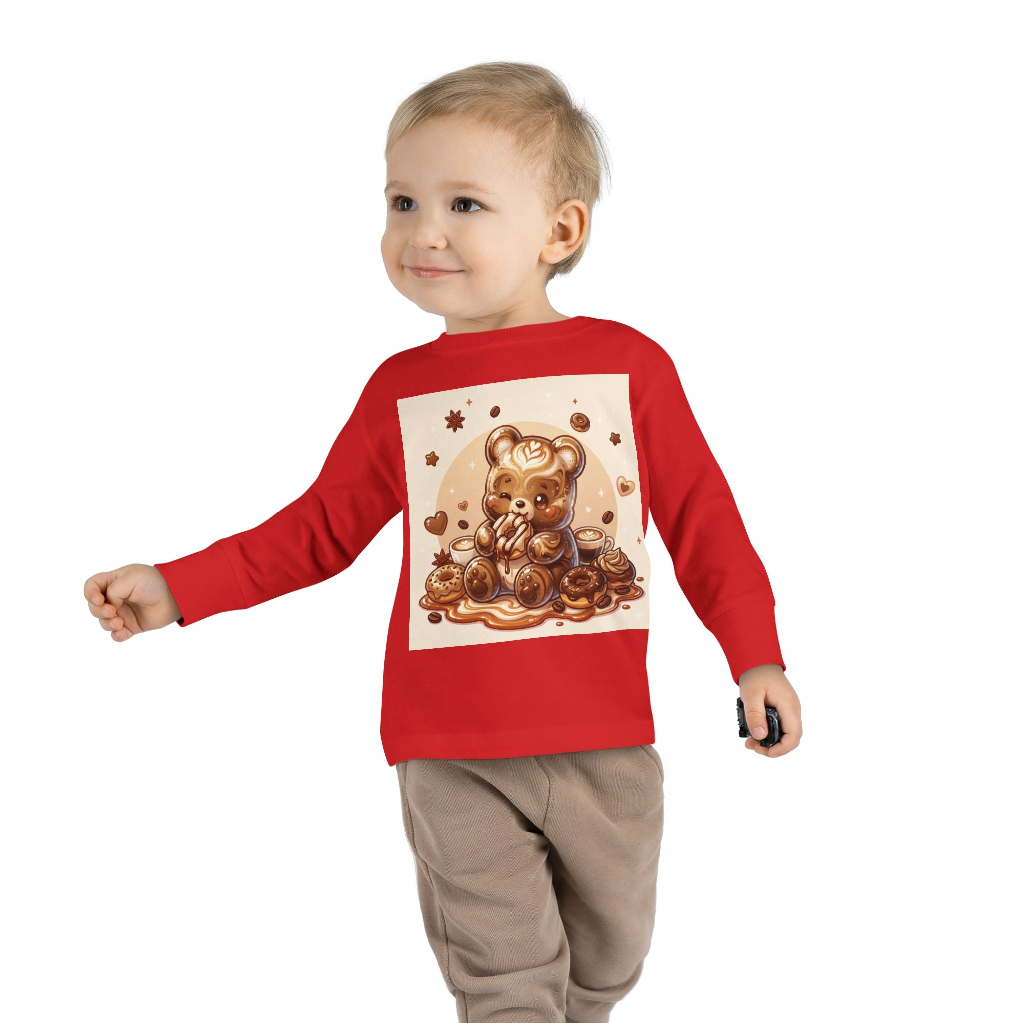 Coffee & Donuts with Chocolate, Oozy Bear Gummy Girls— Kids Illustrated Long Sleeve Shirt