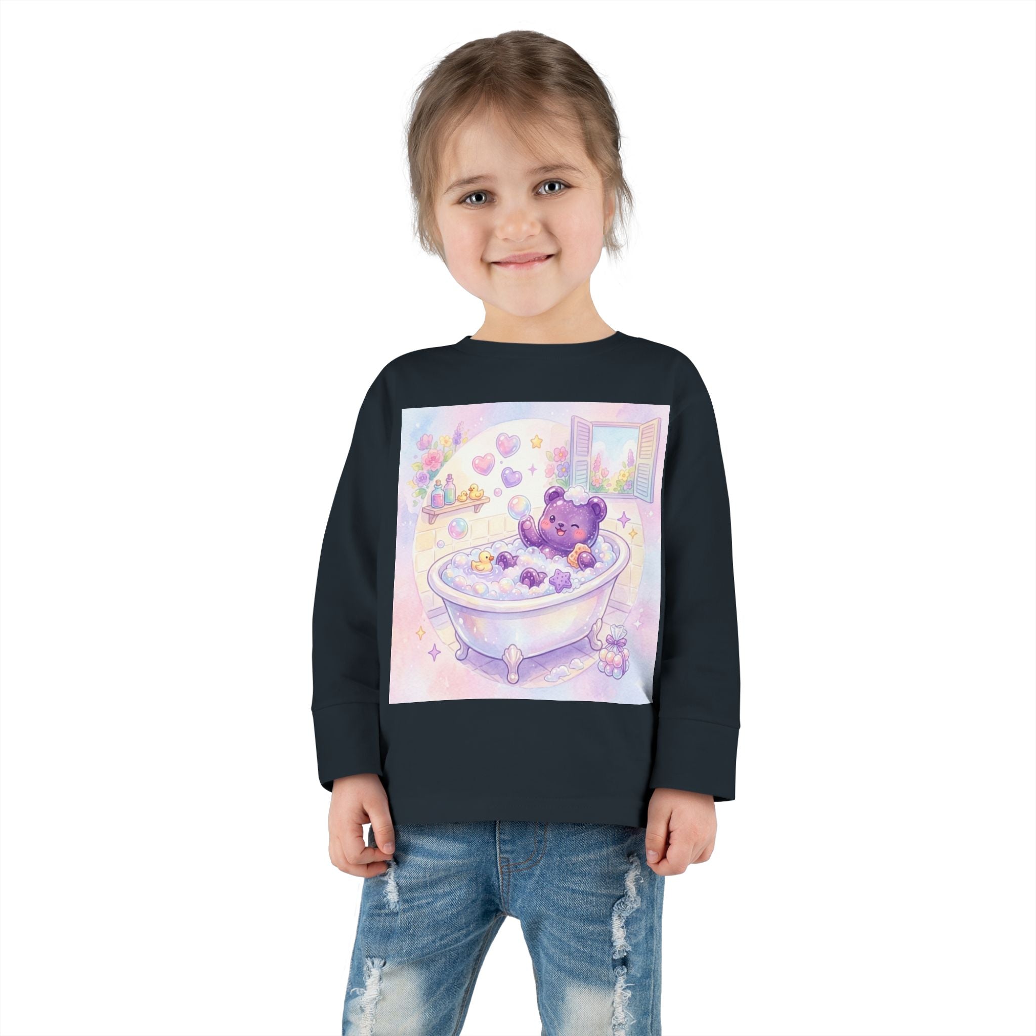 Bath Time, Nighttime Oozy Bear Friend- Graphic Long Sleeve Shirt