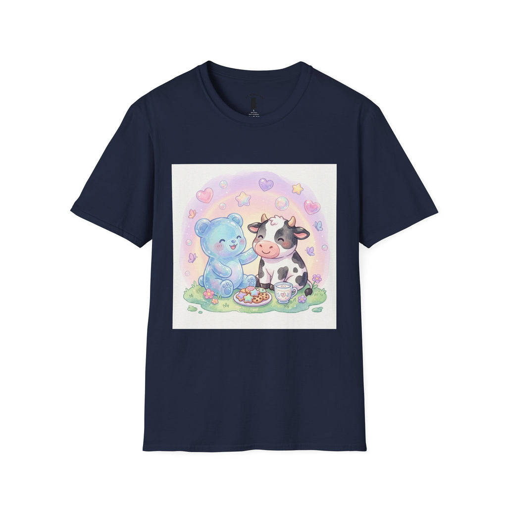 Blue Gooey Gummy Friend sharing Milk & Cookies — Pastel Graphic T-Shirt