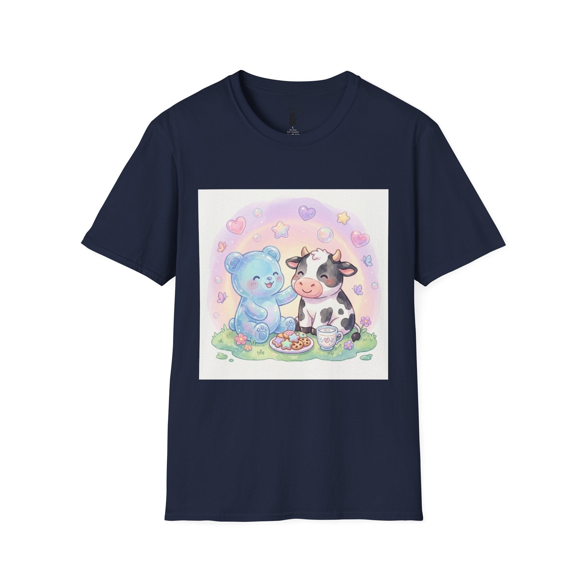 Blue Gooey Gummy Friend sharing Milk & Cookies — Pastel Graphic T-Shirt