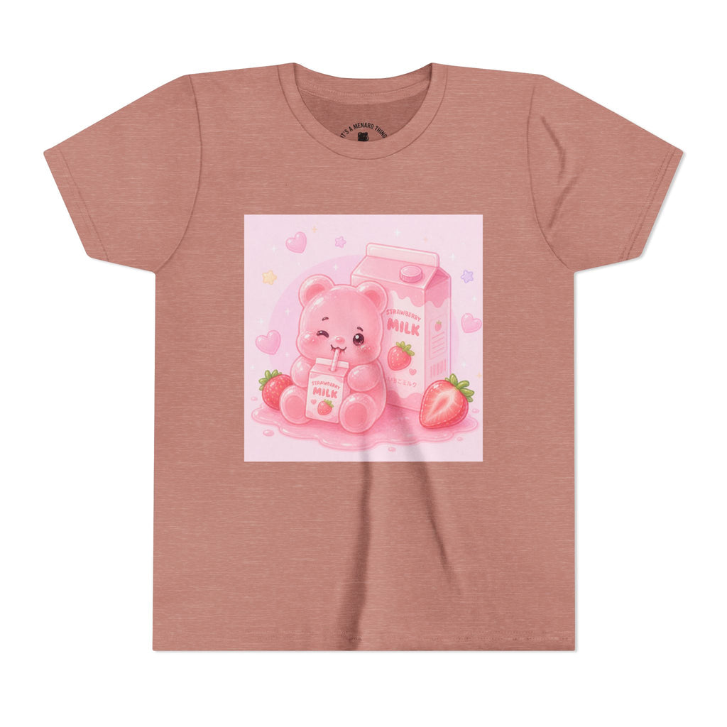 Kids' Pink Strawberry Milk Gooey Gummy Bear— Cute Youth Short Sleeve Shirt