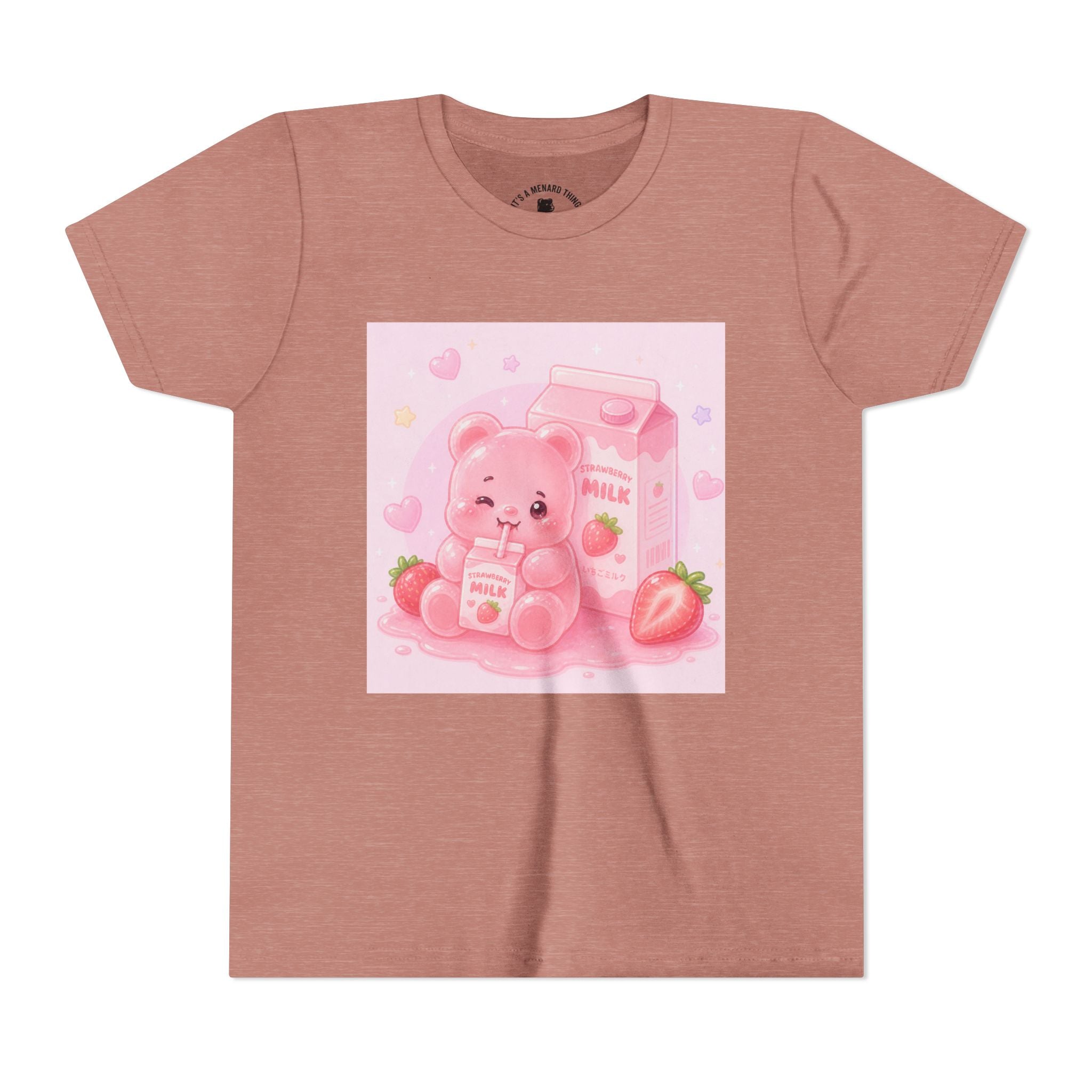 Kids' Pink Strawberry Milk Gooey Gummy Bear— Cute Youth Short Sleeve Shirt