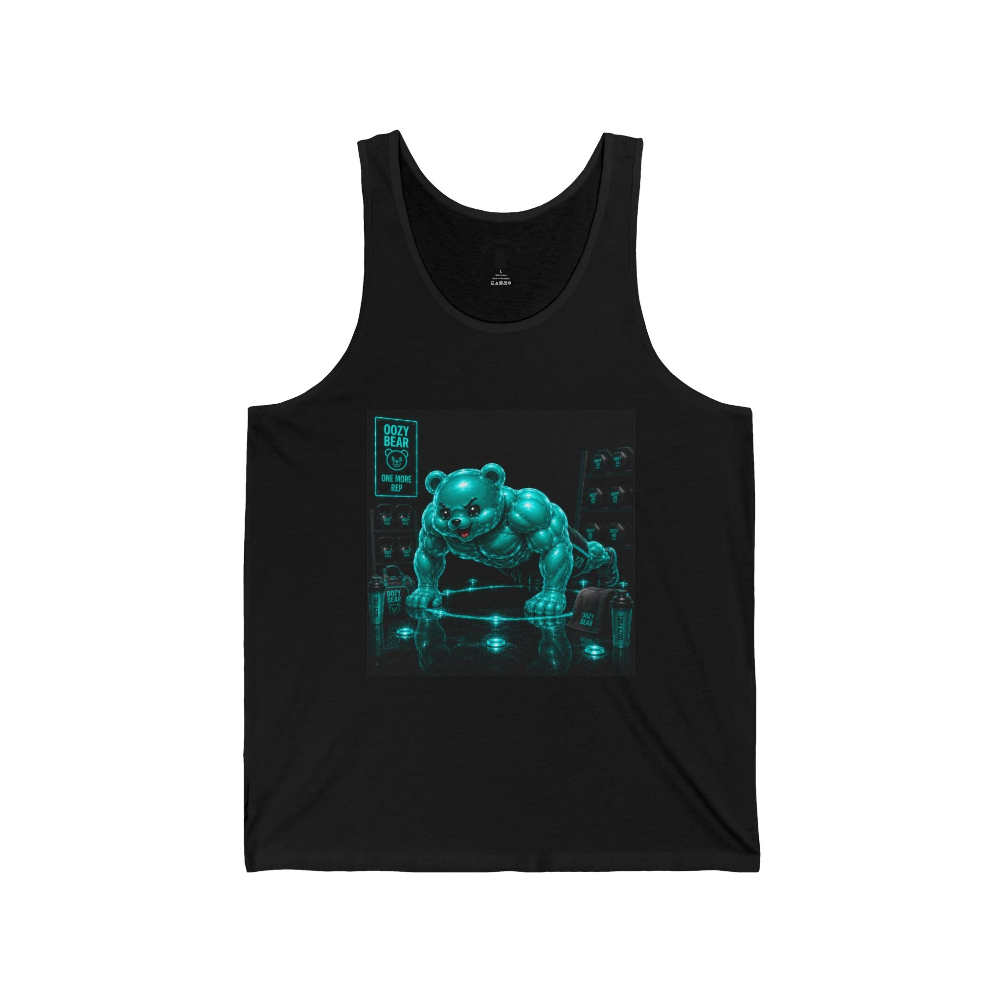 Doing Push Ups, Working Out Teal Oozy Buff Bear Gummy- Adult Graphic Tank Top