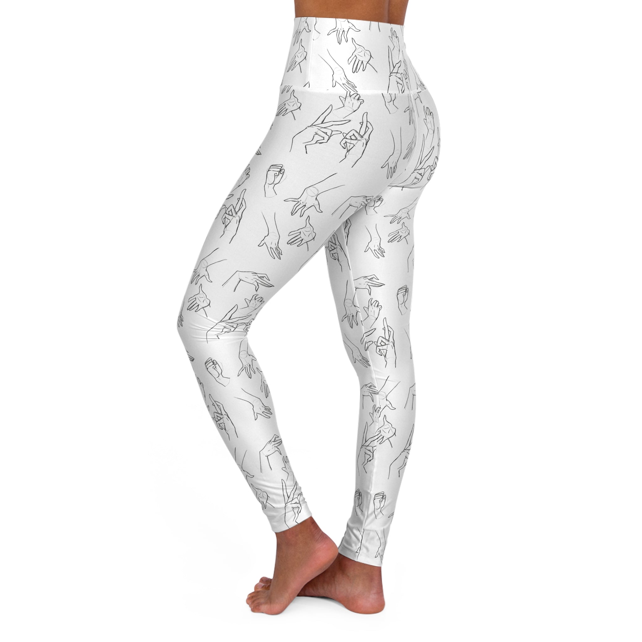White High-Waist Yoga Leggings with Minimalist Line Art Hands — Stretch Activewear for Yoga & Everyday Wear