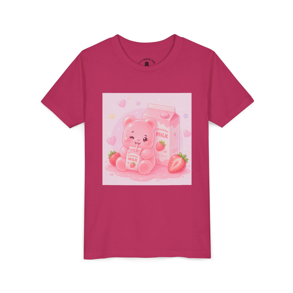 Kids' Pink Strawberry Milk Gooey Gummy Bear— Cute Youth Short Sleeve Shirt