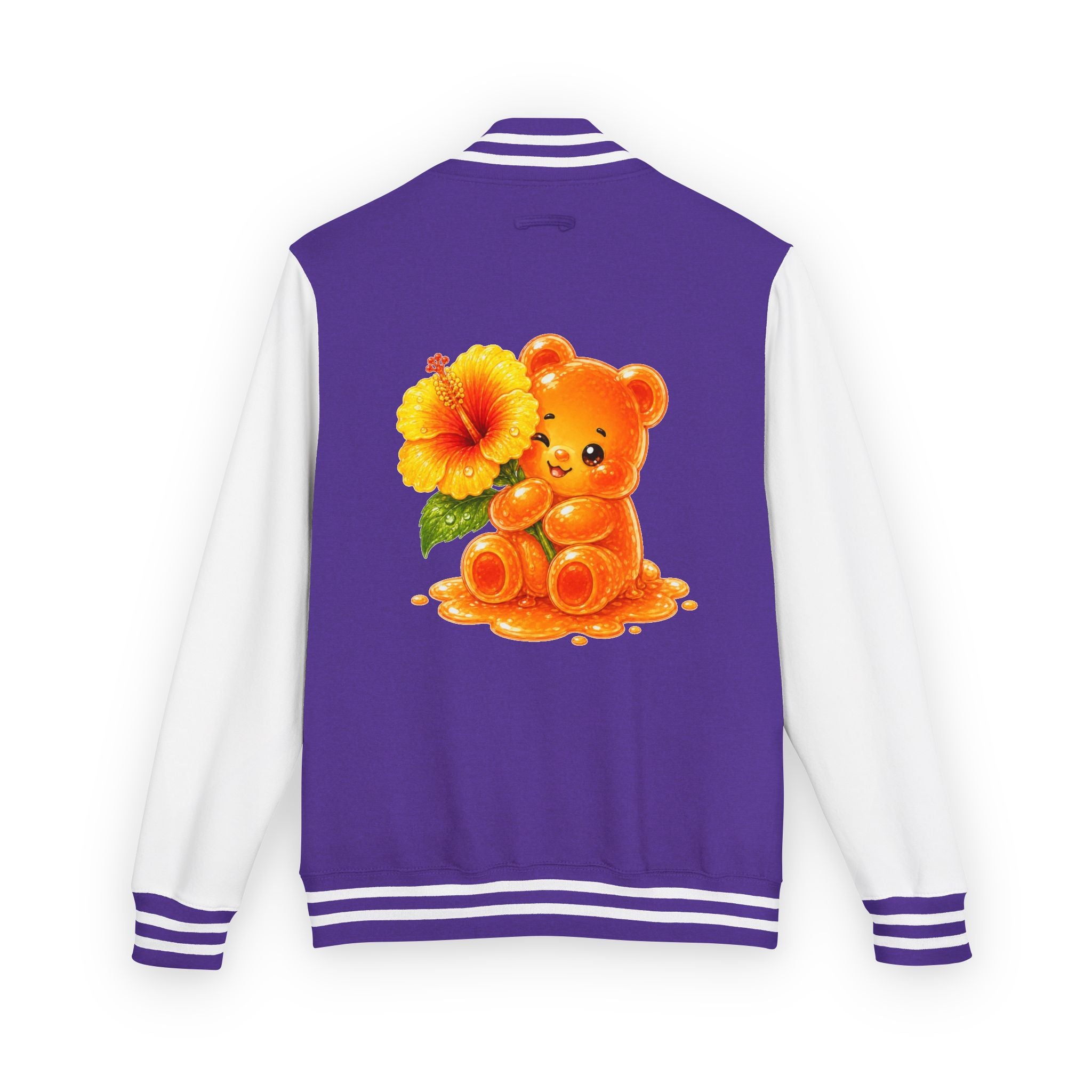 Golden Hibiscus, Yellow Gooey Gummy Bear Friend- Kawaii Varsity Jacket
