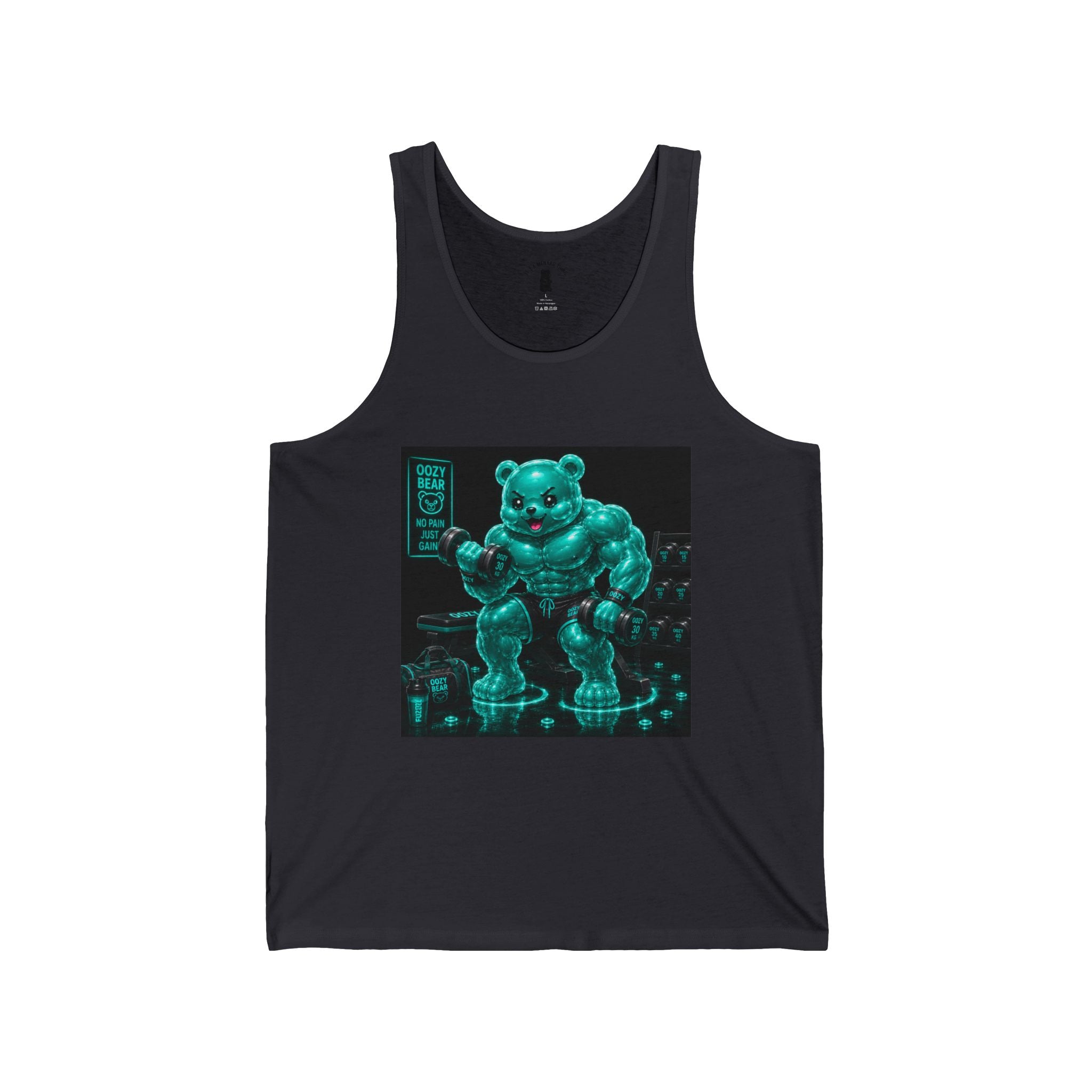Neon Teal Workout, Oozy Buff Bear Gummy Gym Workout- Adult Graphic Tank Top