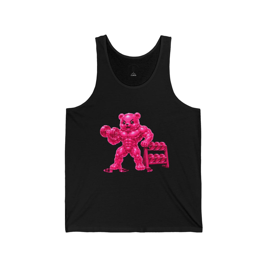 Fitness Work Out, Neon Pink Oozy Buff Bear Gummy Gym Addition- Adult Graphic Tank Top