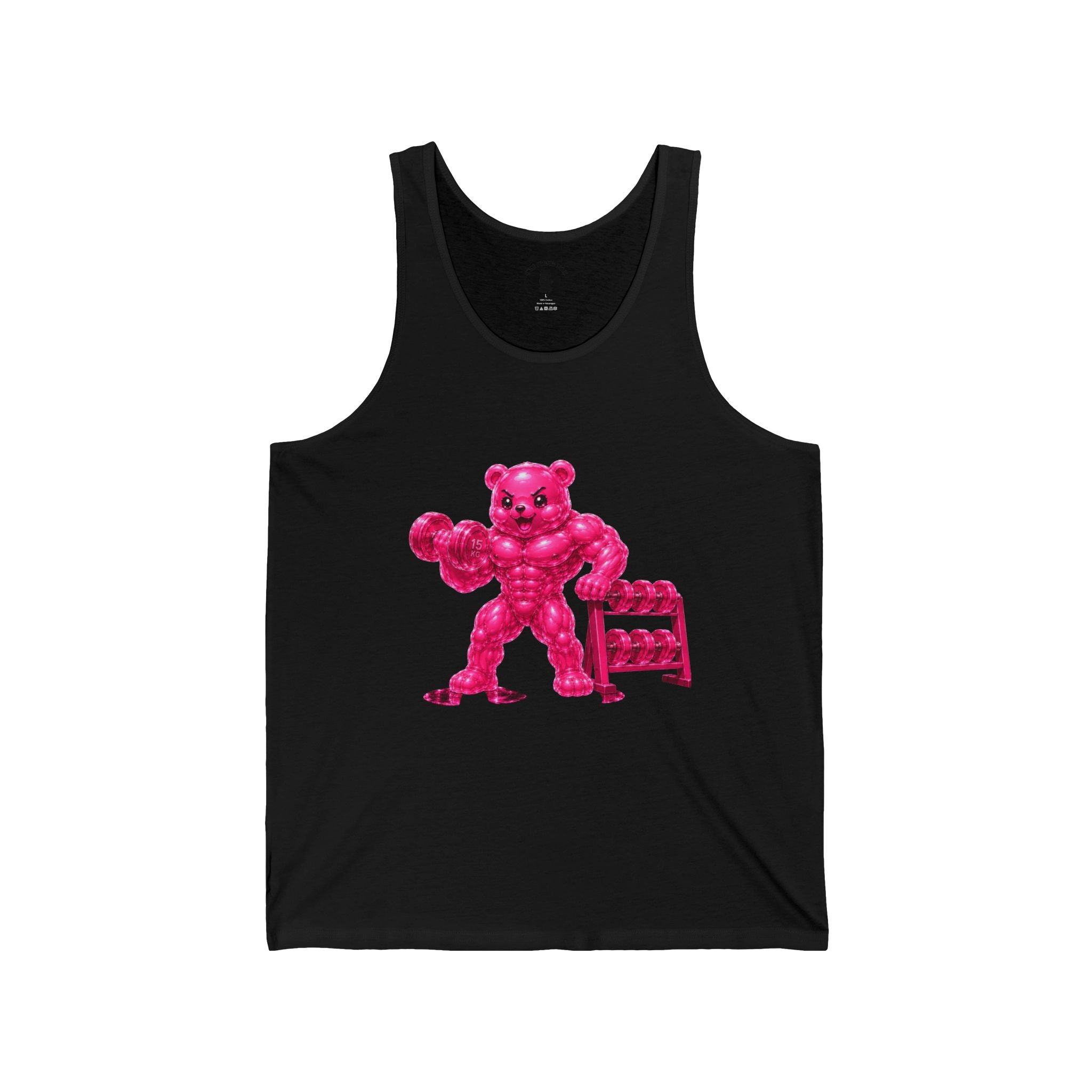 Fitness Work Out, Neon Pink Oozy Buff Bear Gummy Gym Addition- Adult Graphic Tank Top
