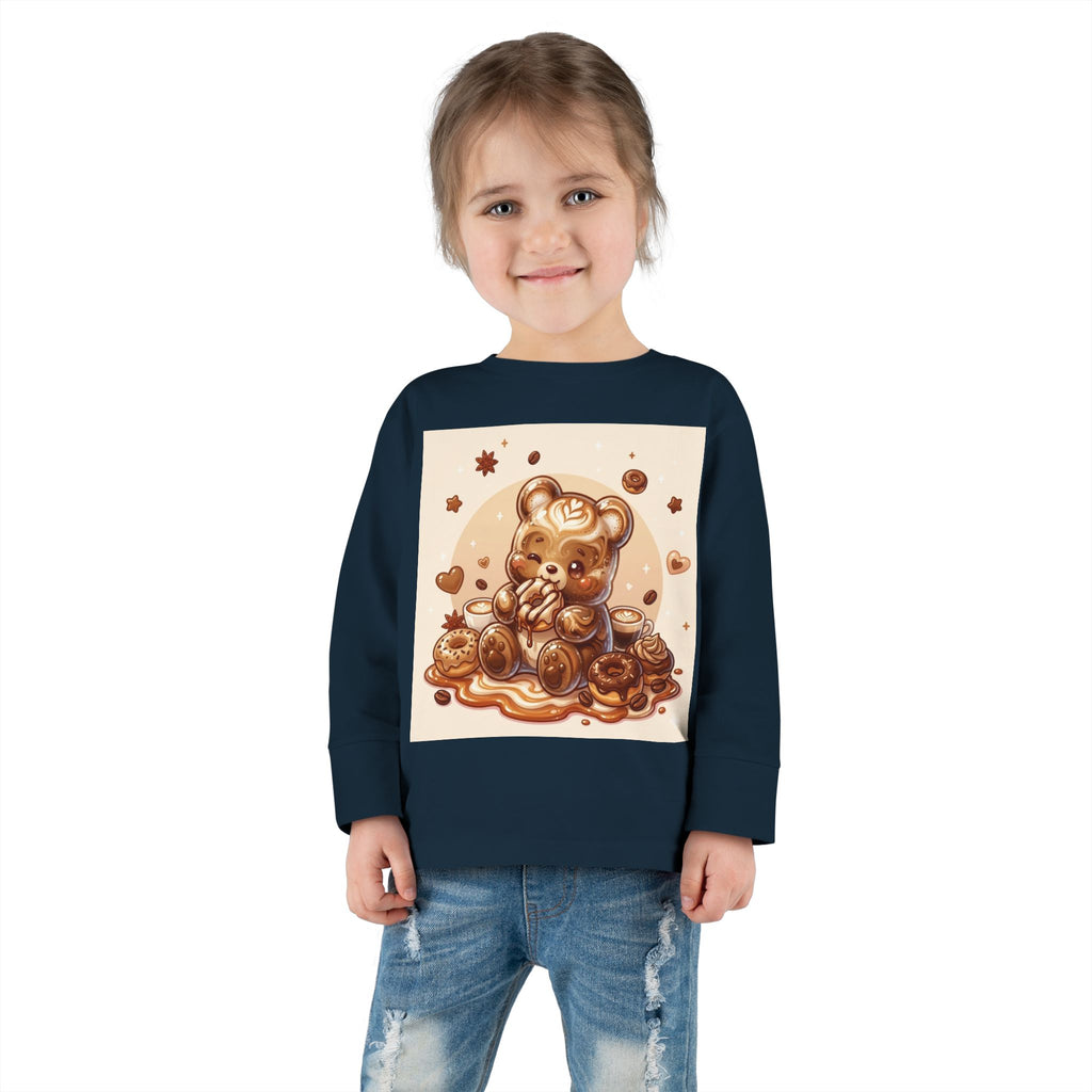 Coffee & Donuts with Chocolate, Oozy Bear Gummy Girls— Kids Illustrated Long Sleeve Shirt