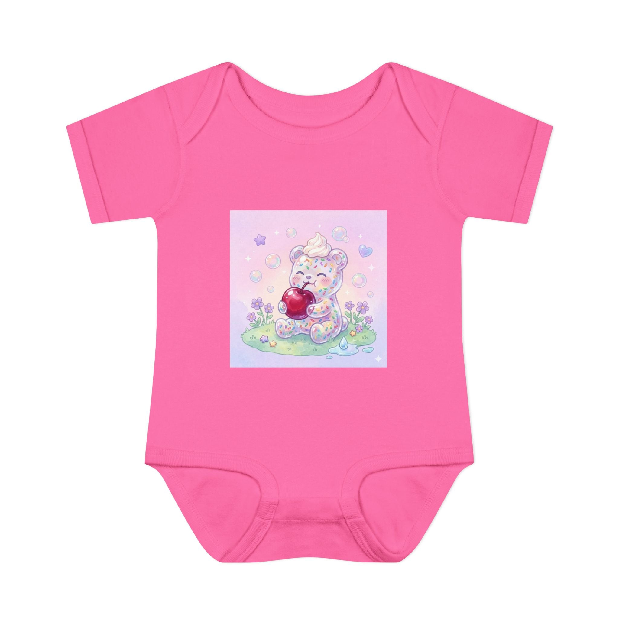 Gooey Gummy Birthday Sprinkles Cake bear eating a Cherry- Infant Onesie