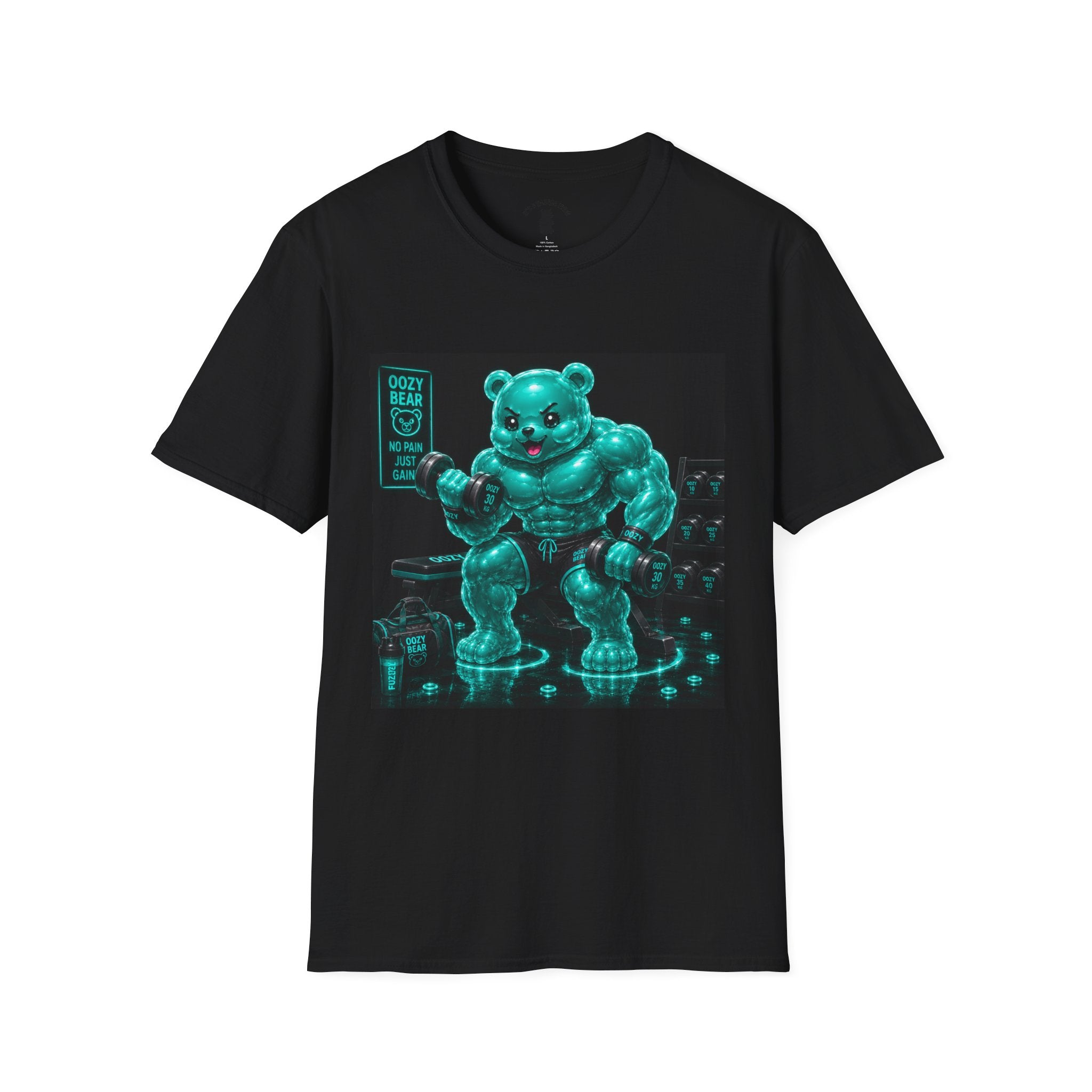 Working Out, Teal Oozy Buff Bear Gummy Gym Addition- Adult Graphic Shirt