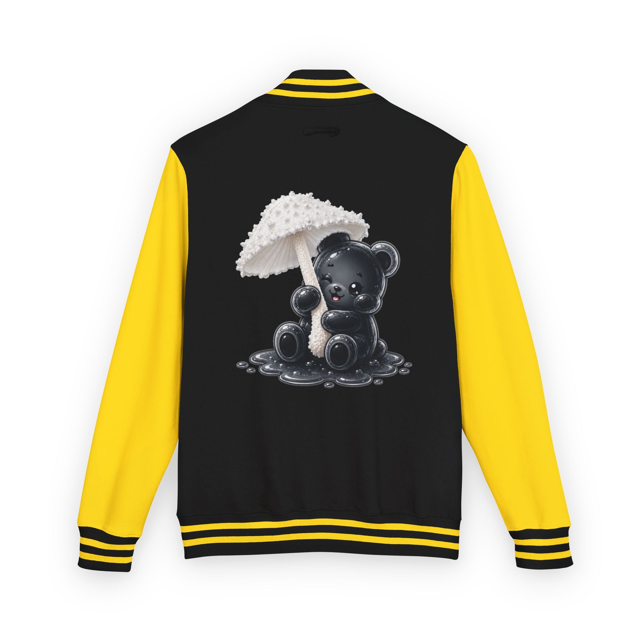 White Mushroom Umbrella, Black Gooey Gummy Bear — Kawaii Graphic Varsity Jacket