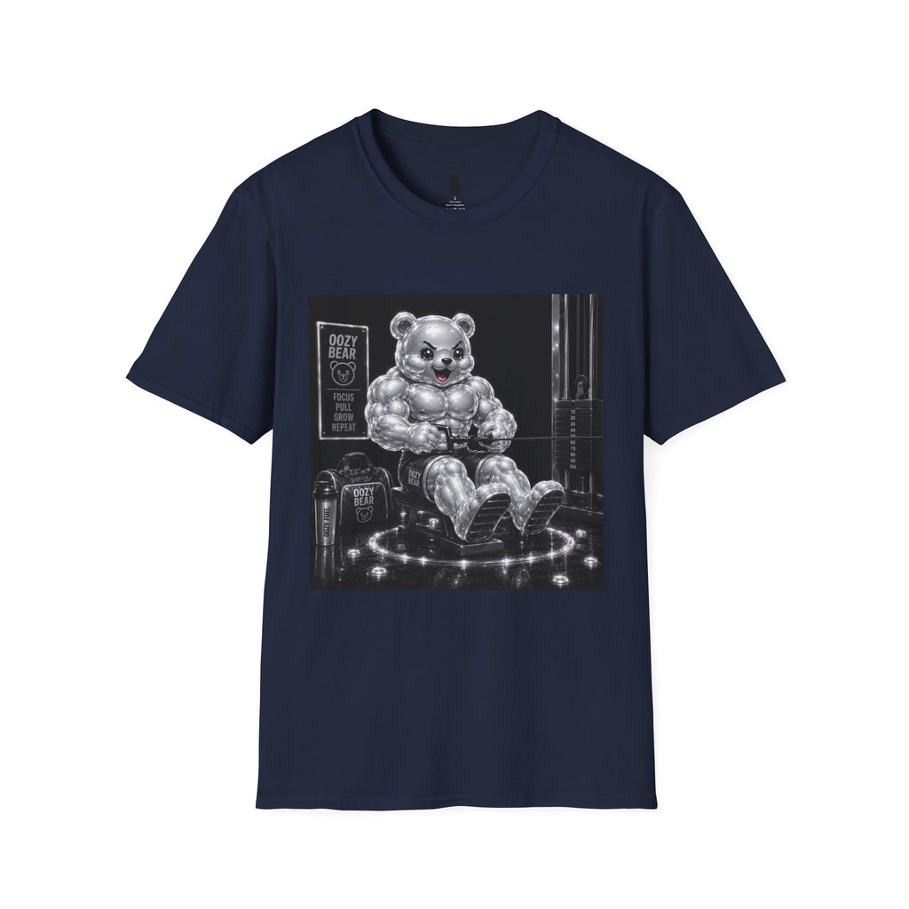 Working on the Bench, Silver Oozy Buff Bear Gummy Gym Addition- Adult Graphic Shirt