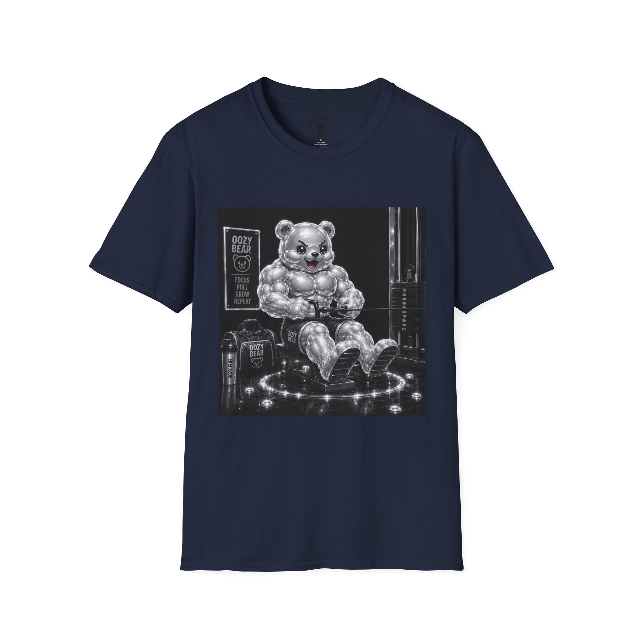Working on the Bench, Silver Oozy Buff Bear Gummy Gym Addition- Adult Graphic Shirt