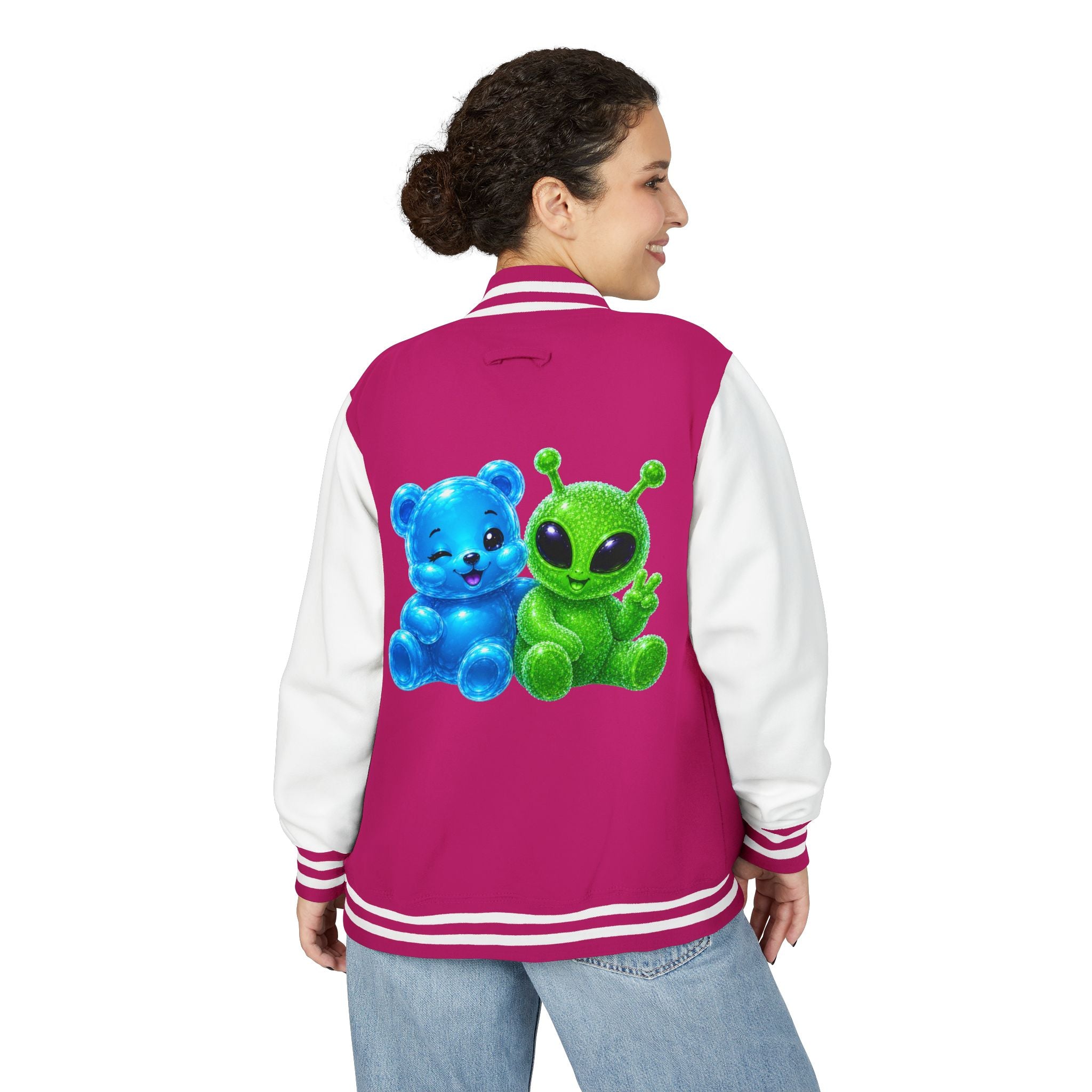 Green Alien and Blue Oozy Bear Gummy Special Addition- Letterman Graphic Jacket