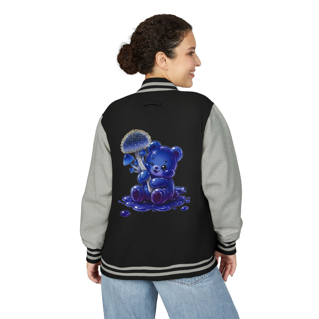 Sparkling Blue Mushroom Cluster, Oozy Bear Friends- Letterman Graphic Jacket