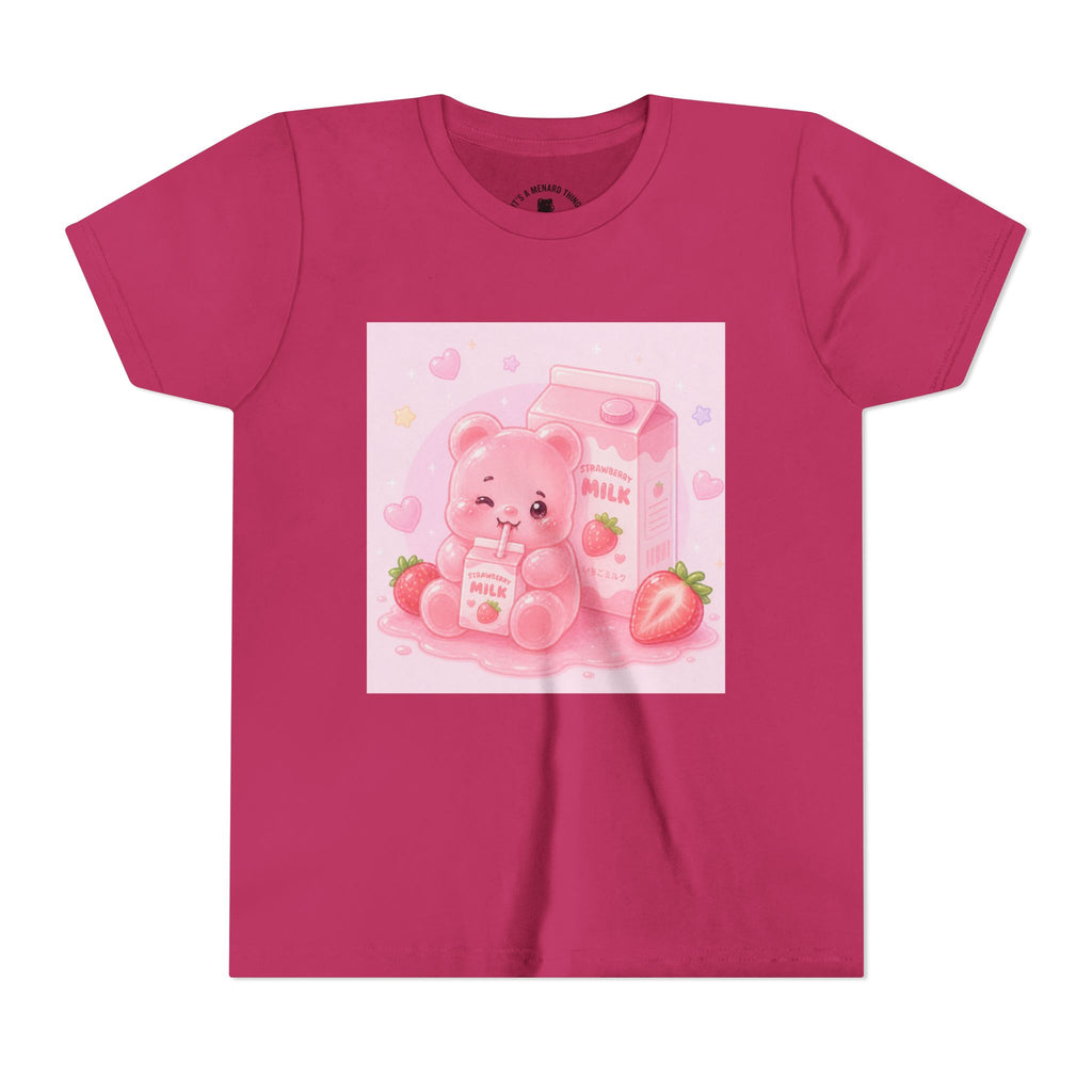 Kids' Pink Strawberry Milk Gooey Gummy Bear— Cute Youth Short Sleeve Shirt