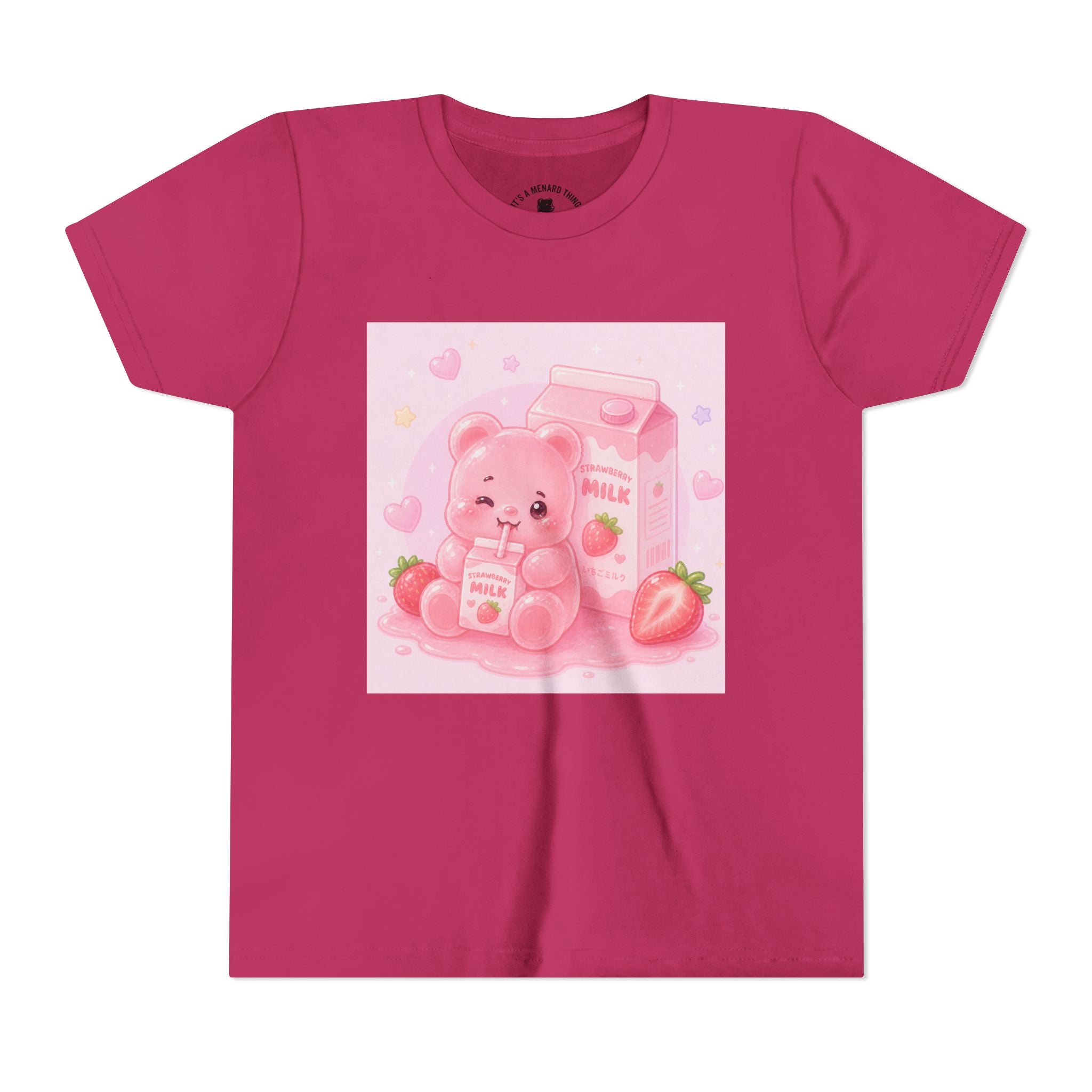 Kids' Pink Strawberry Milk Gooey Gummy Bear— Cute Youth Short Sleeve Shirt